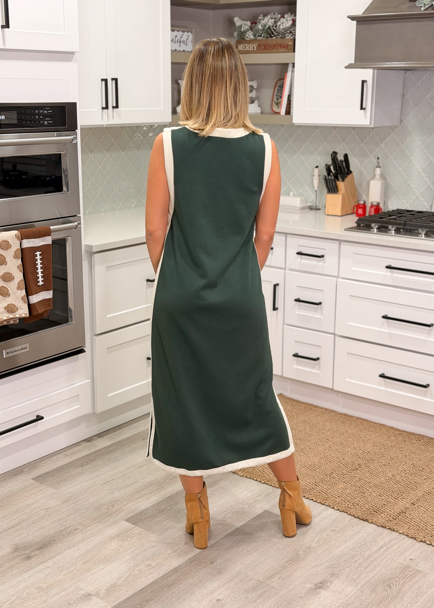Forest Green & Cream Colorblock Midi Dress