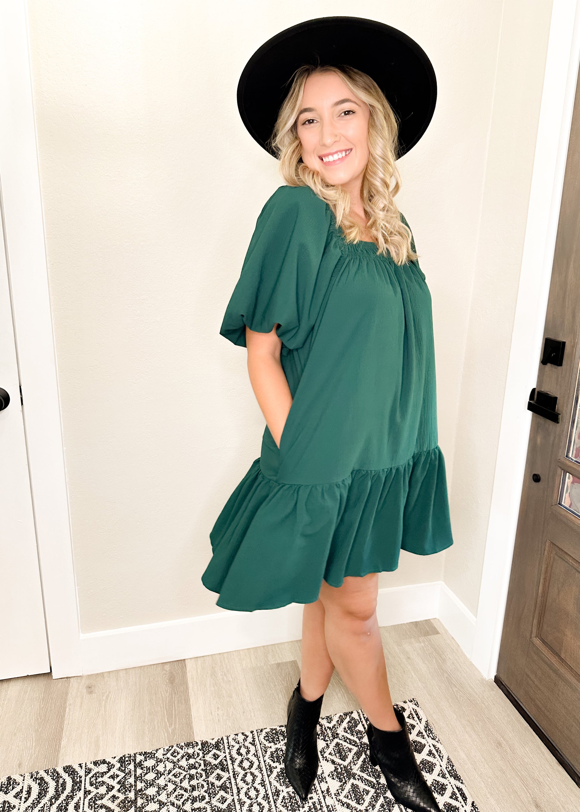 Hunter Green Puff Sleeve Square Neckline Dress