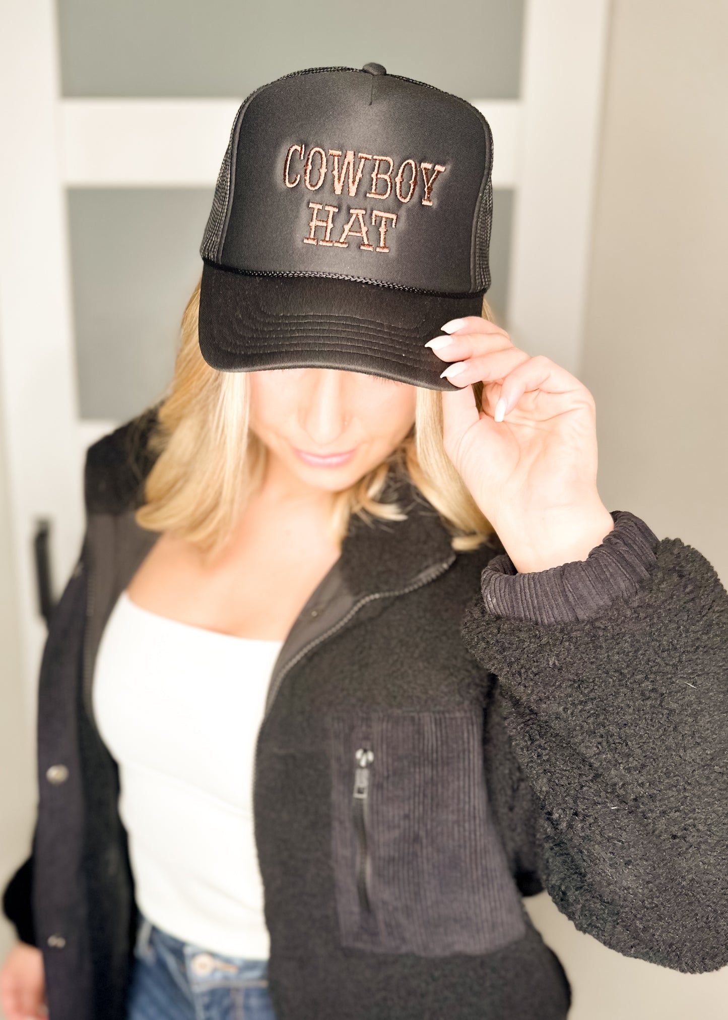 Black Embroidered Cowboy Hat Trucker Hat