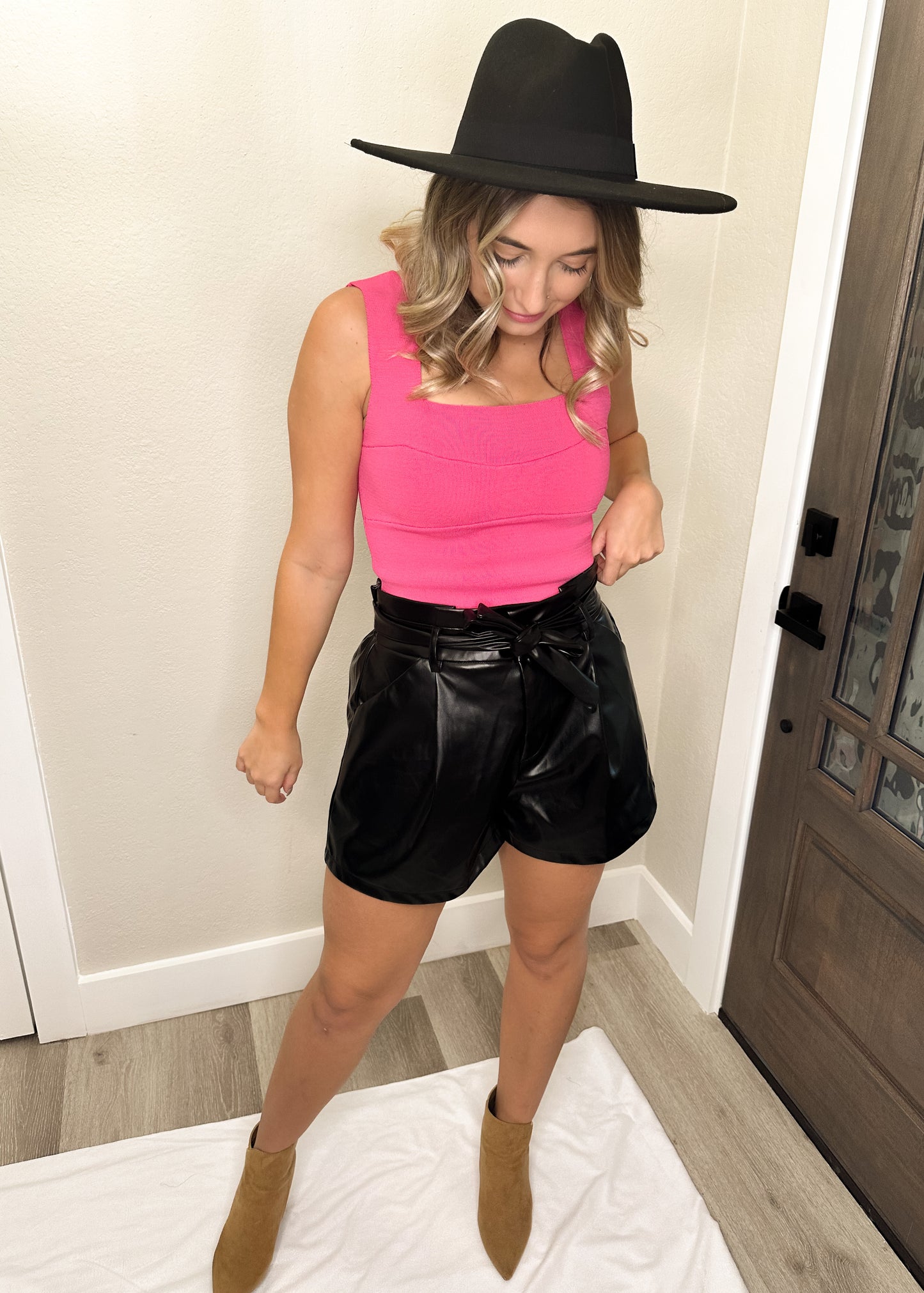 High Waisted Faux Leather Paperbag Shorts