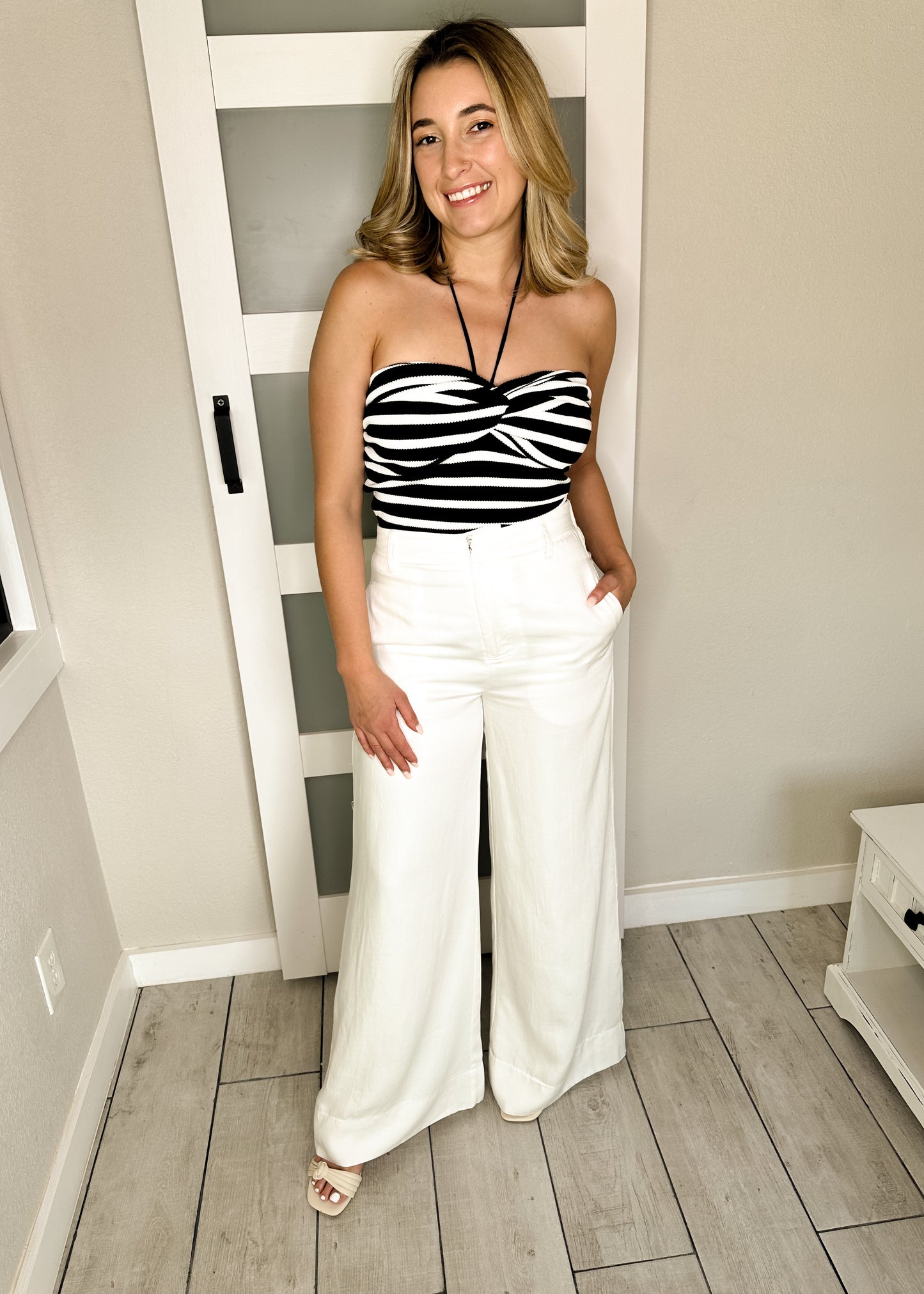 Black & White Striped Knot Halter Knitted Top