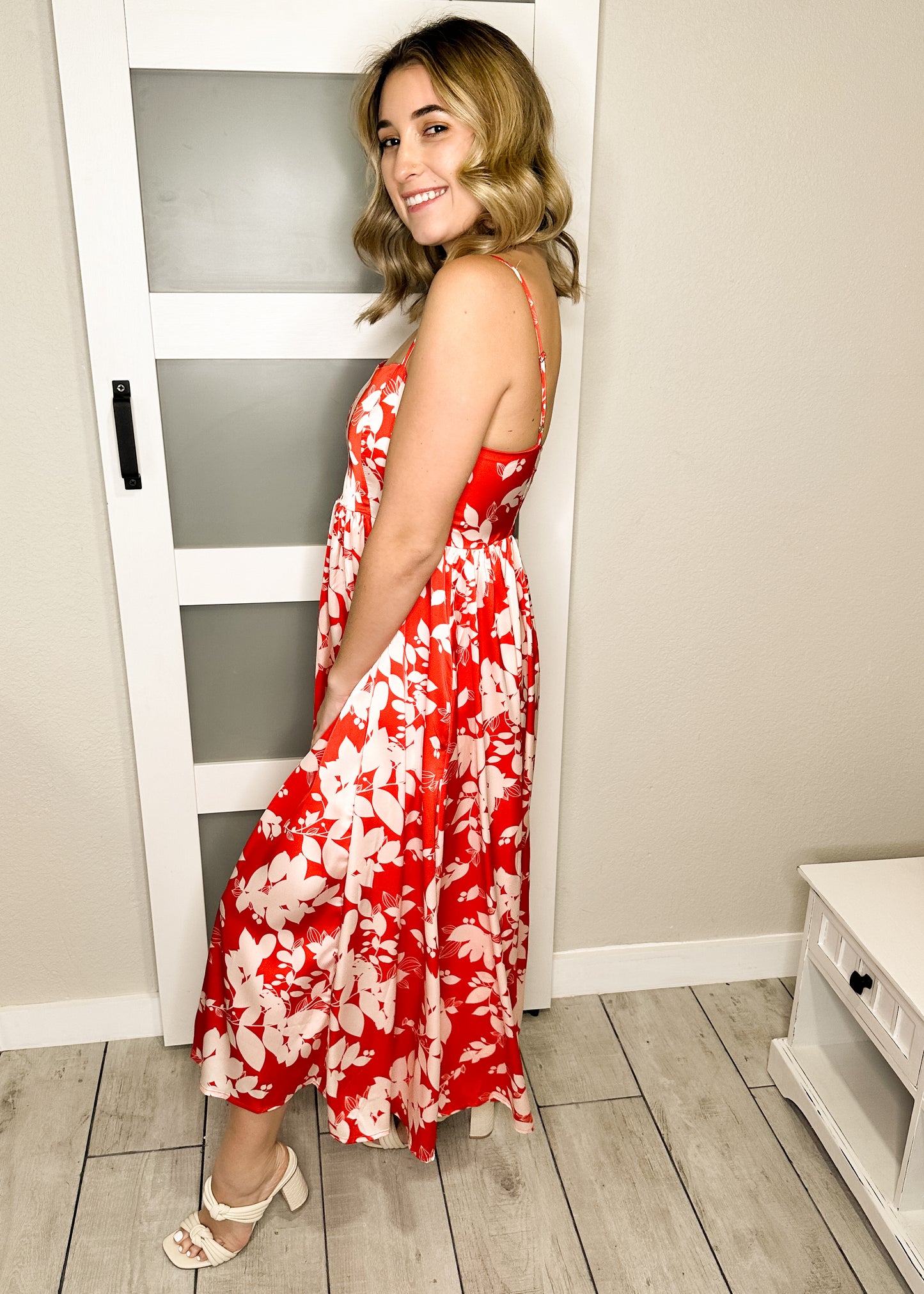 Tomato & White Floral Silky Midi Dress