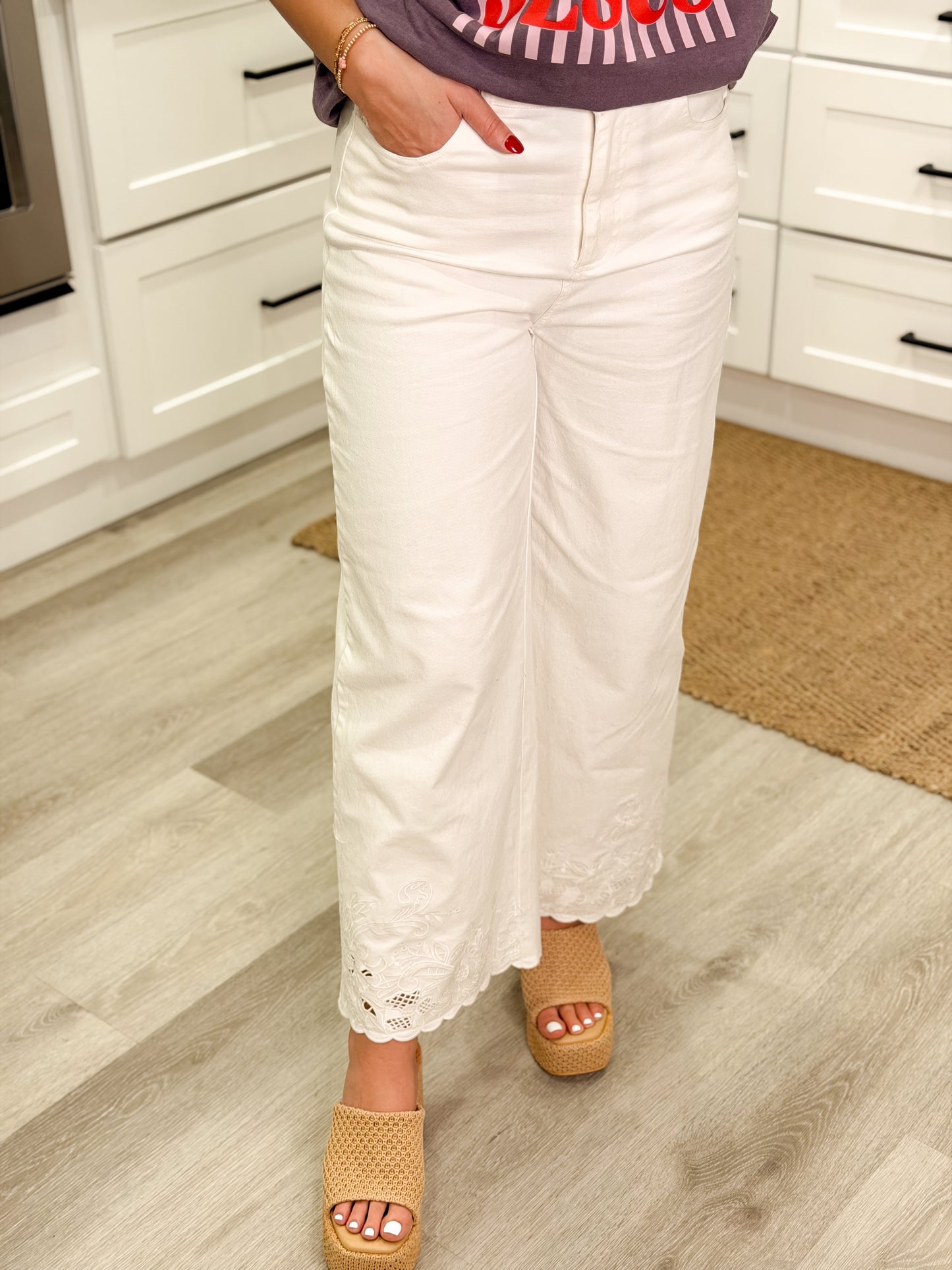 Off White Eyelet Scallop Pants