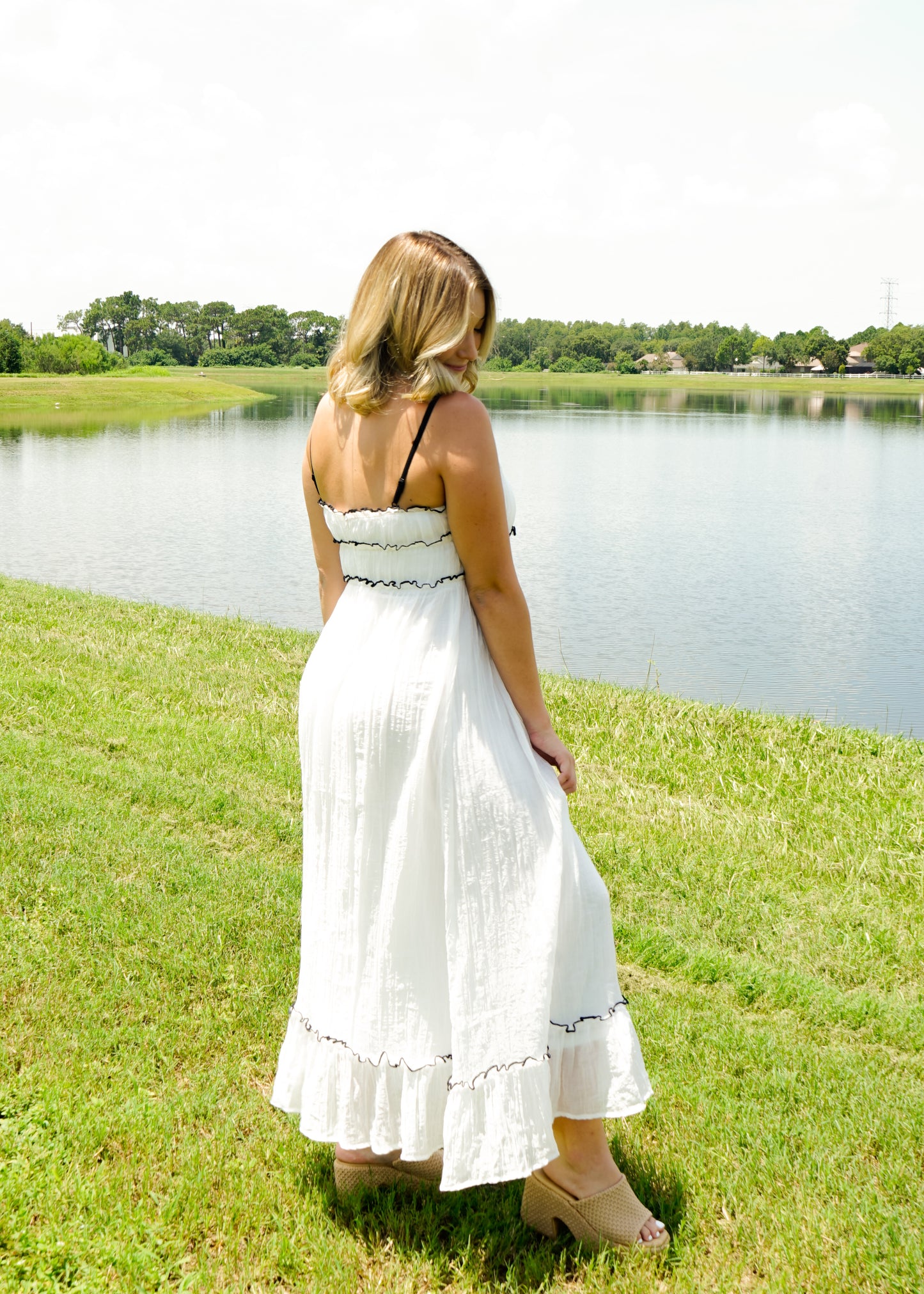 White Flowy Woven Maxi Dress with Black Bow Details