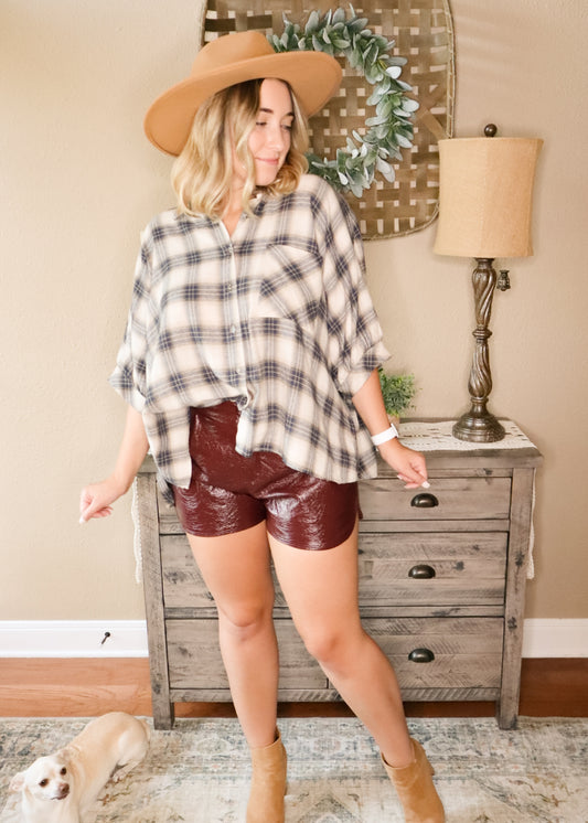 Taupe & Navy Oversized Flannel Shirt
