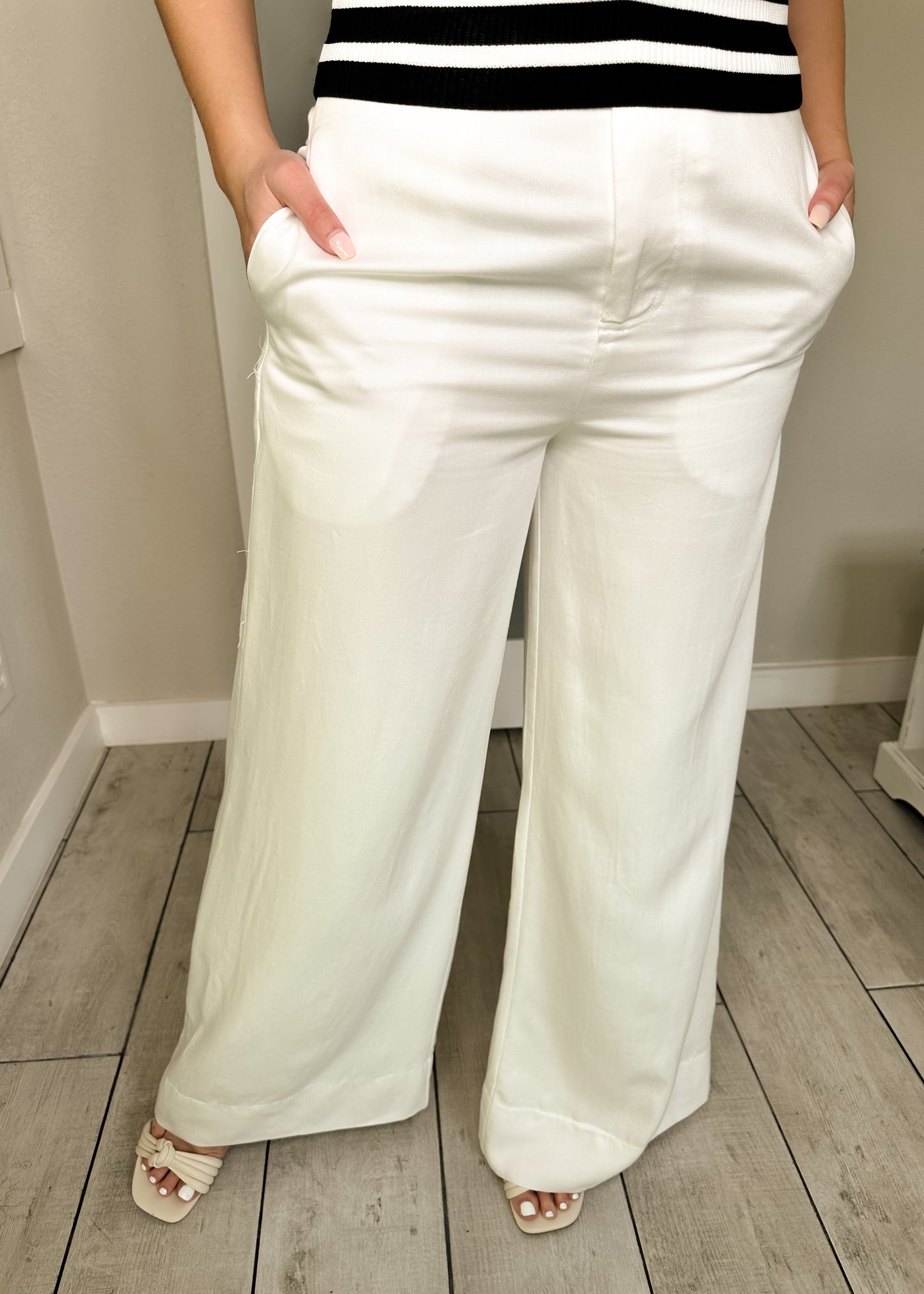 White High Waisted Elastic Back Pants