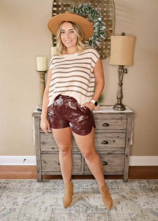 Burgundy High Waisted Faux Leather Shorts