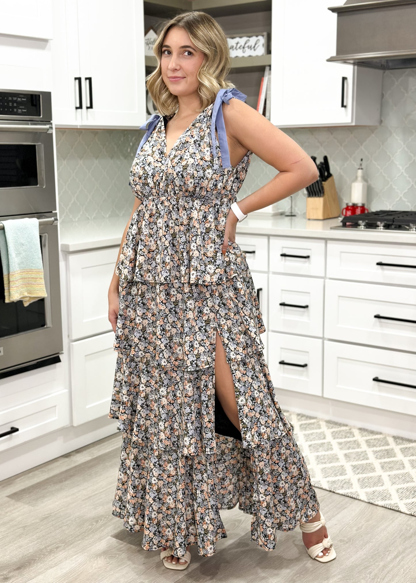 Black & Baby Blue Floral Tiered Maxi Dress with Bows