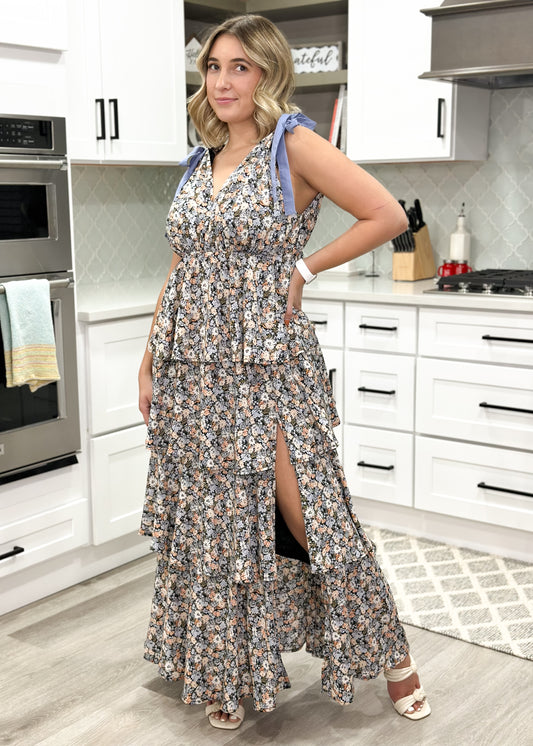 Black & Baby Blue Floral Tiered Maxi Dress with Bows