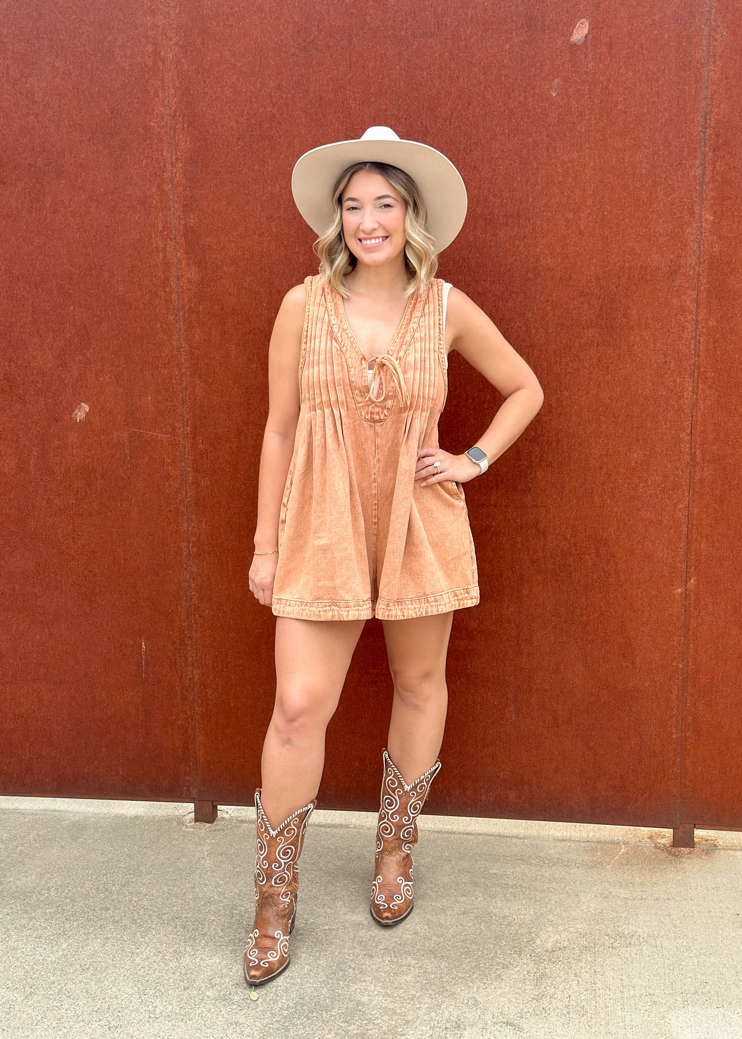 Rust Sleeveless Pleated Denim Romper