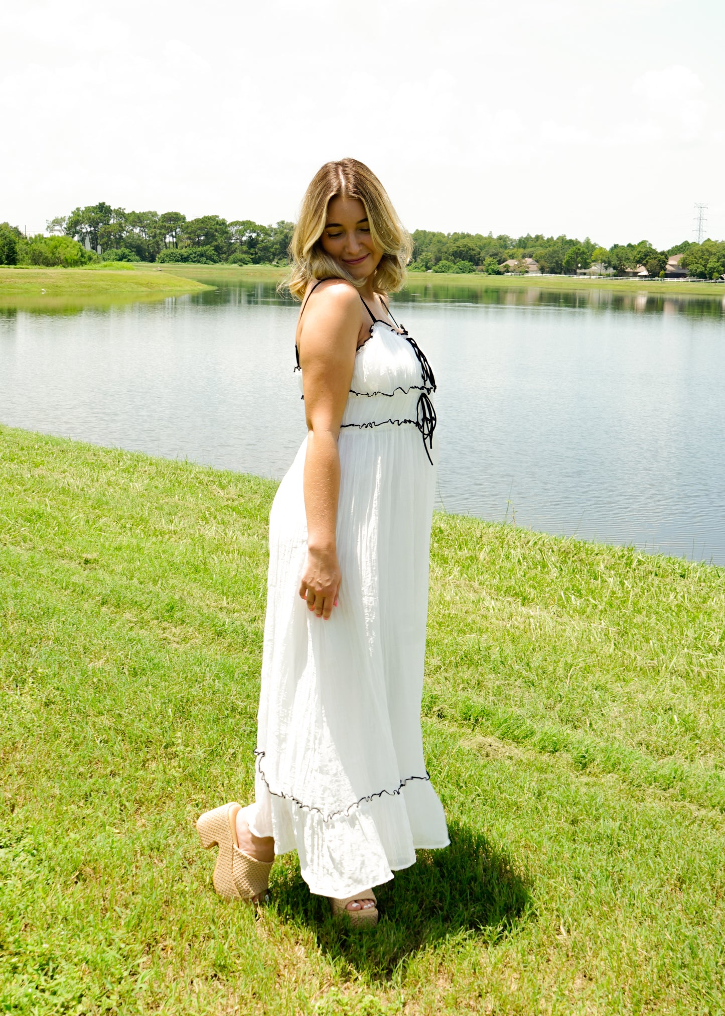 White Flowy Woven Maxi Dress with Black Bow Details
