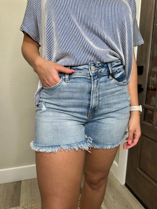 Light Wash Frayed Hem Denim Shorts