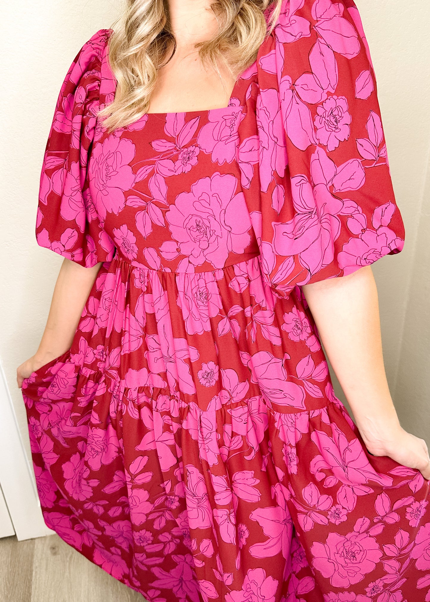Brick & Pink Floral Print Square Neck Midi Dress