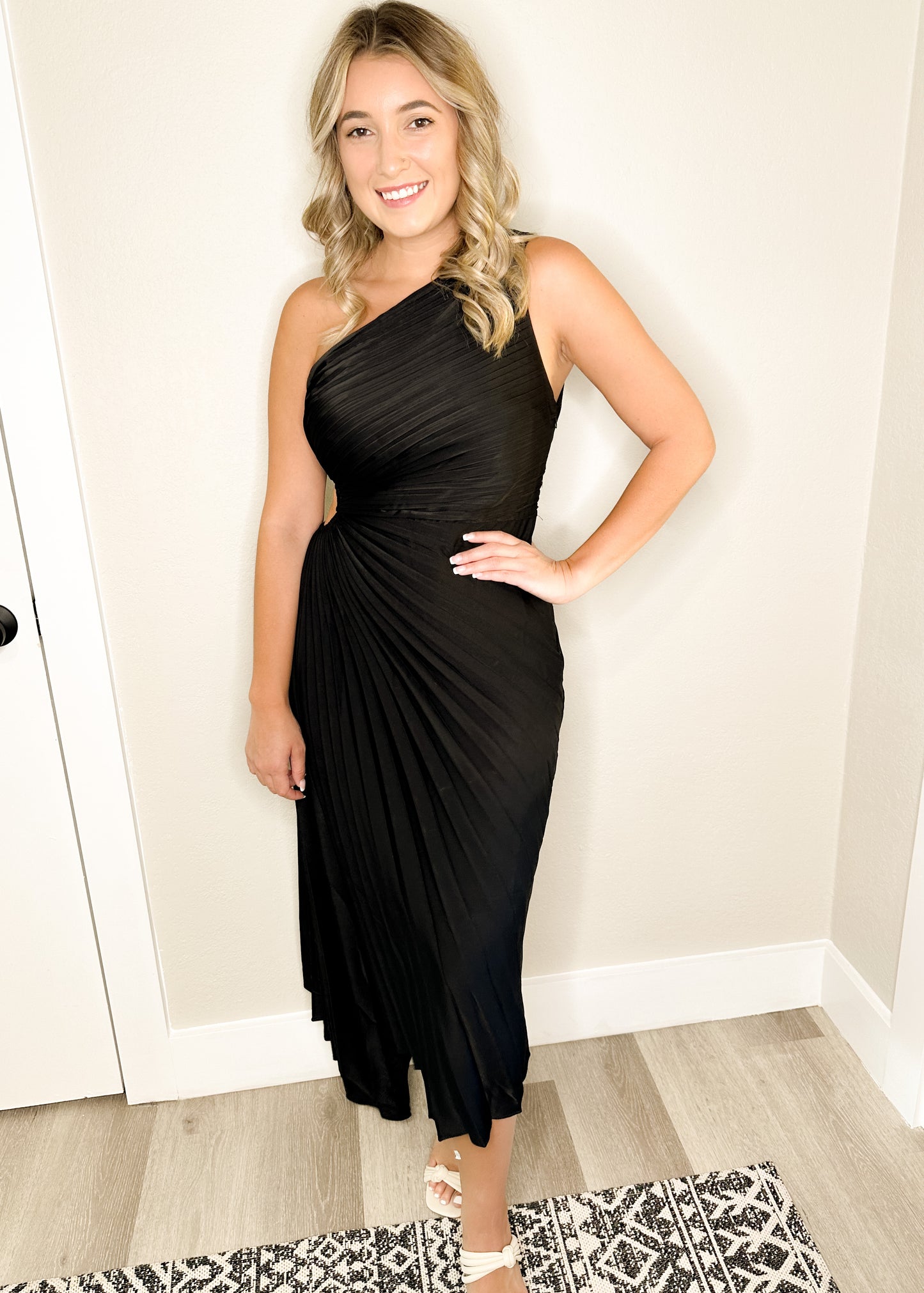 Black Pleated One Shoulder Side Cut Out Asymmetrical Hem Dress