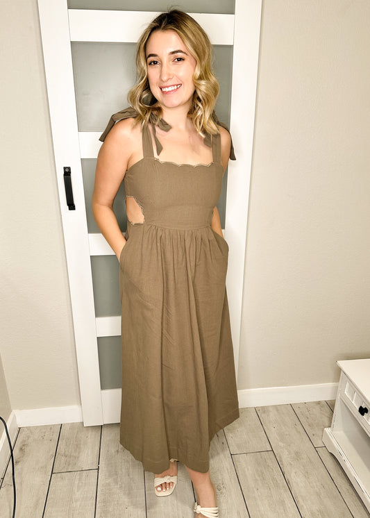 Olive Scallop Side Cutout Midi Dress