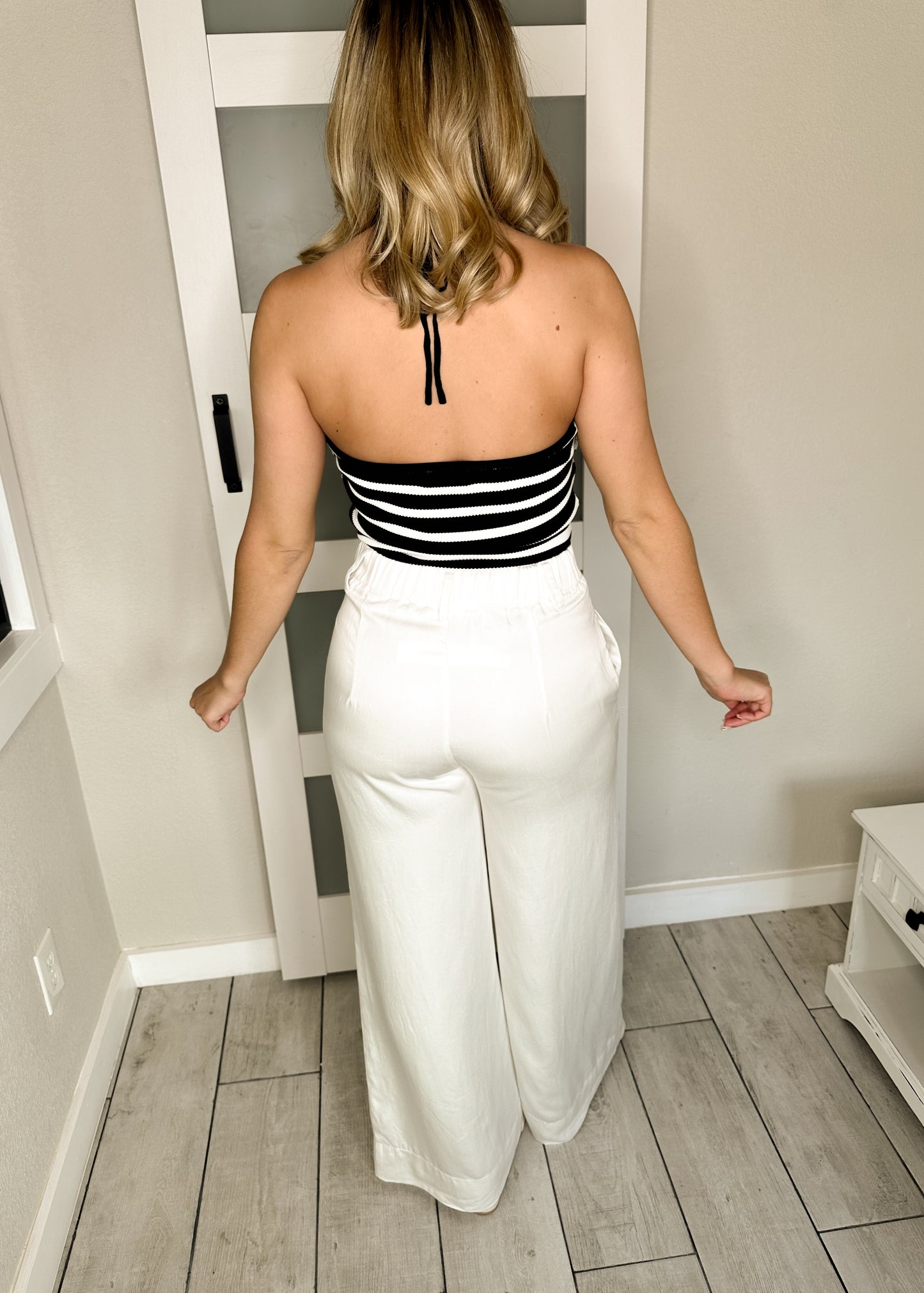 Black & White Striped Knot Halter Knitted Top