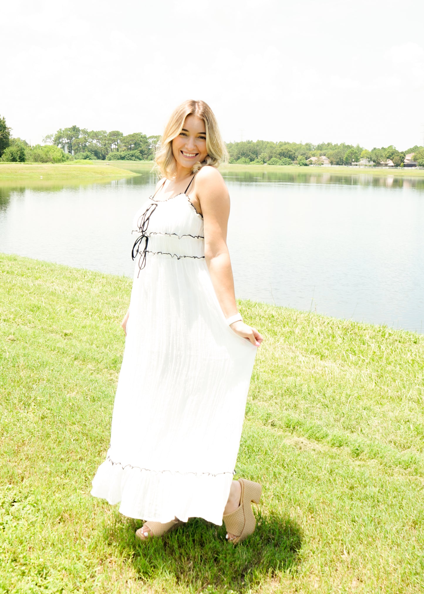 White Flowy Woven Maxi Dress with Black Bow Details