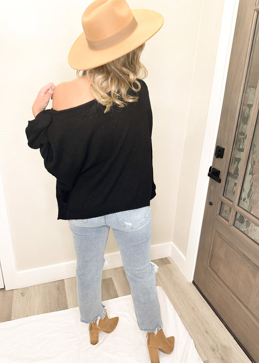 Black Wide Neck Pullover Knit Sweater