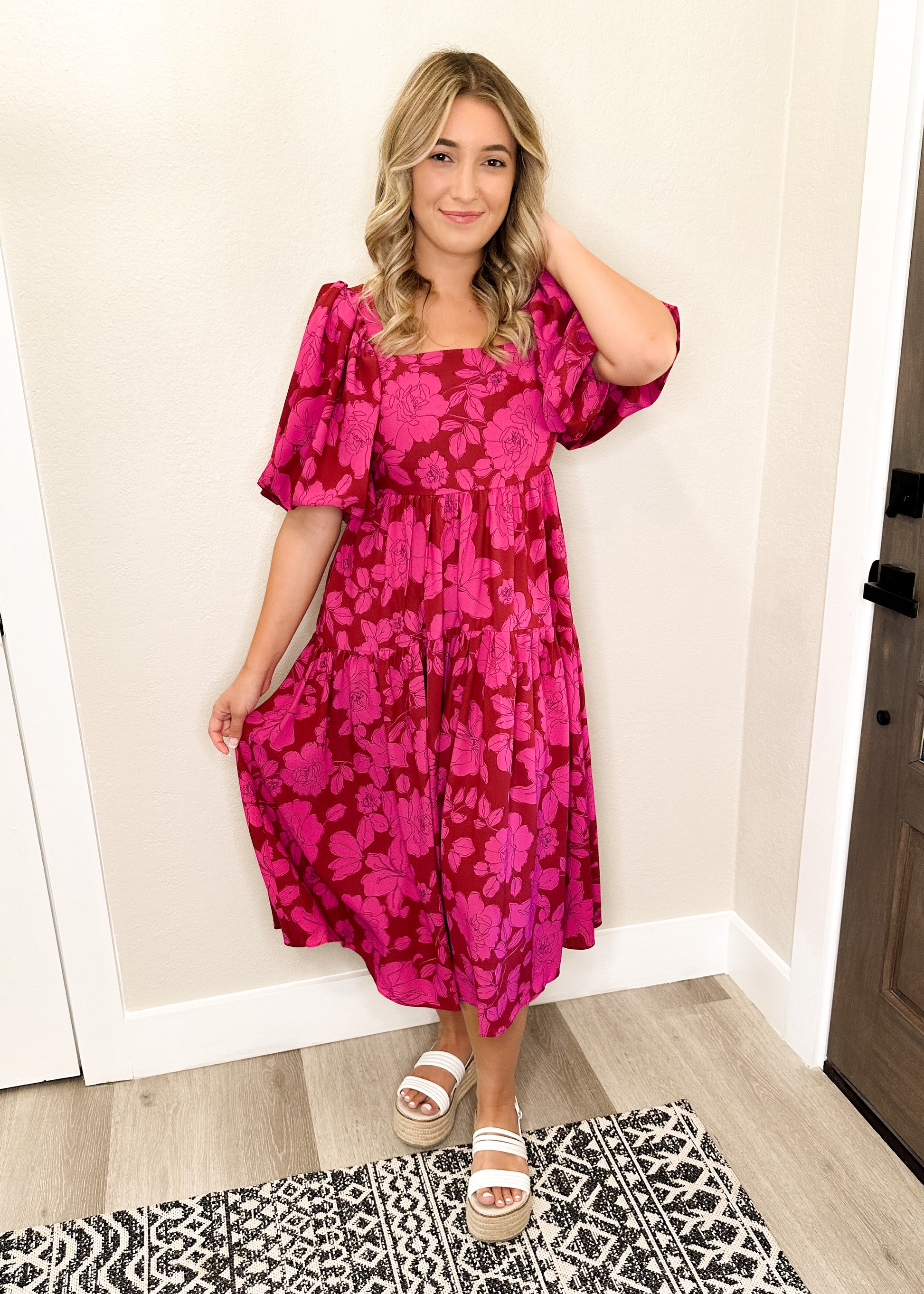 Brick & Pink Floral Print Square Neck Midi Dress