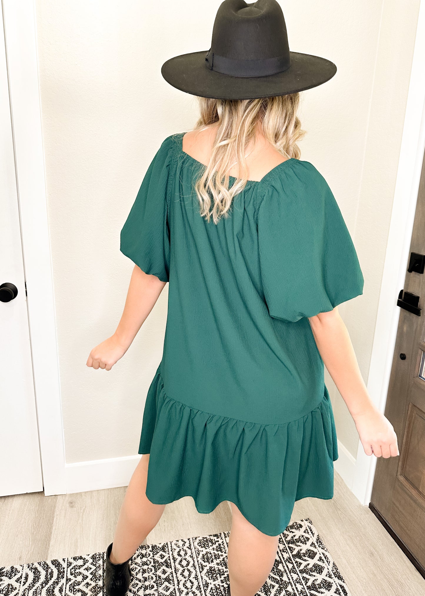 Hunter Green Puff Sleeve Square Neckline Dress