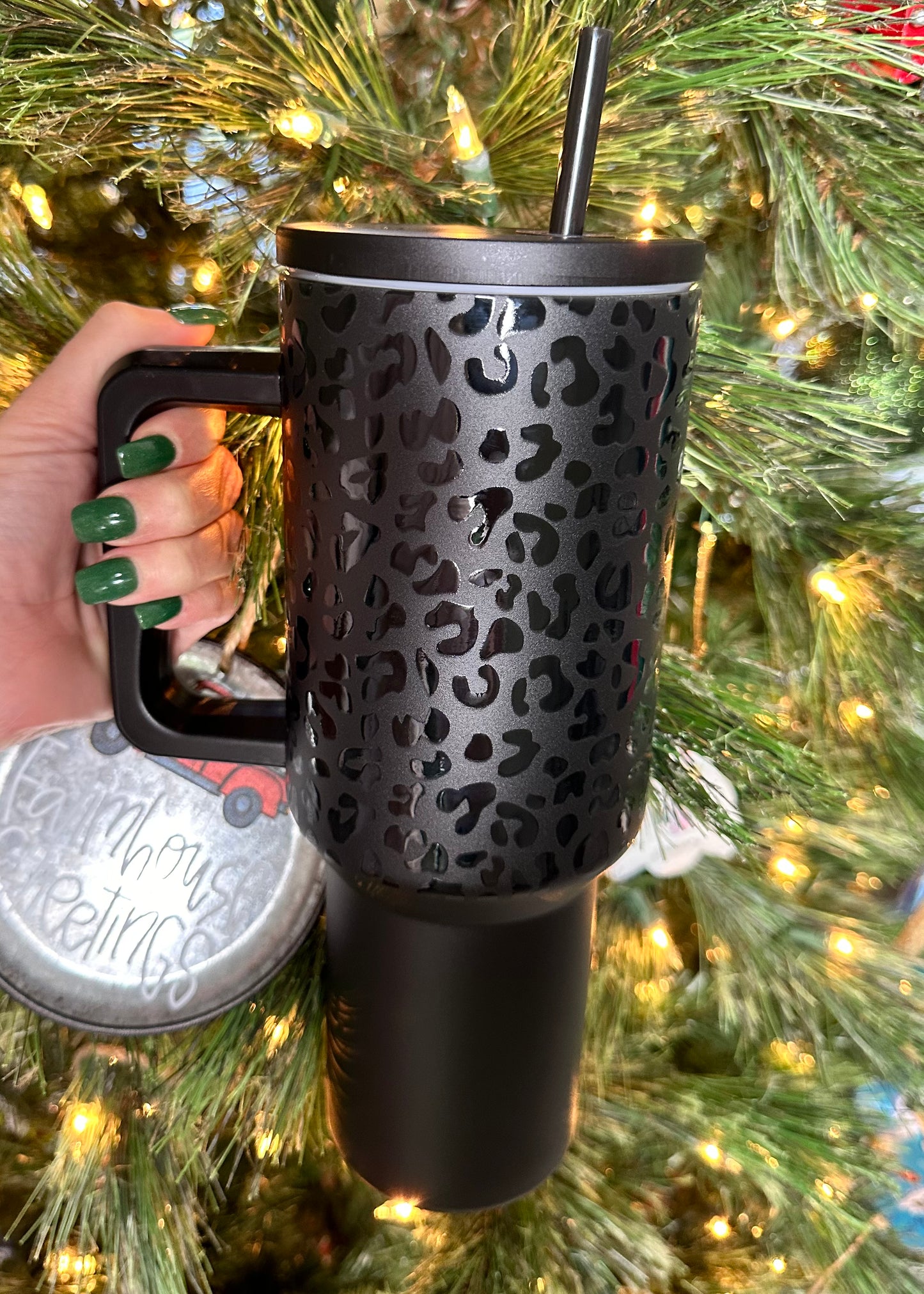 Black Leopard Print 40oz Tumbler with Handle