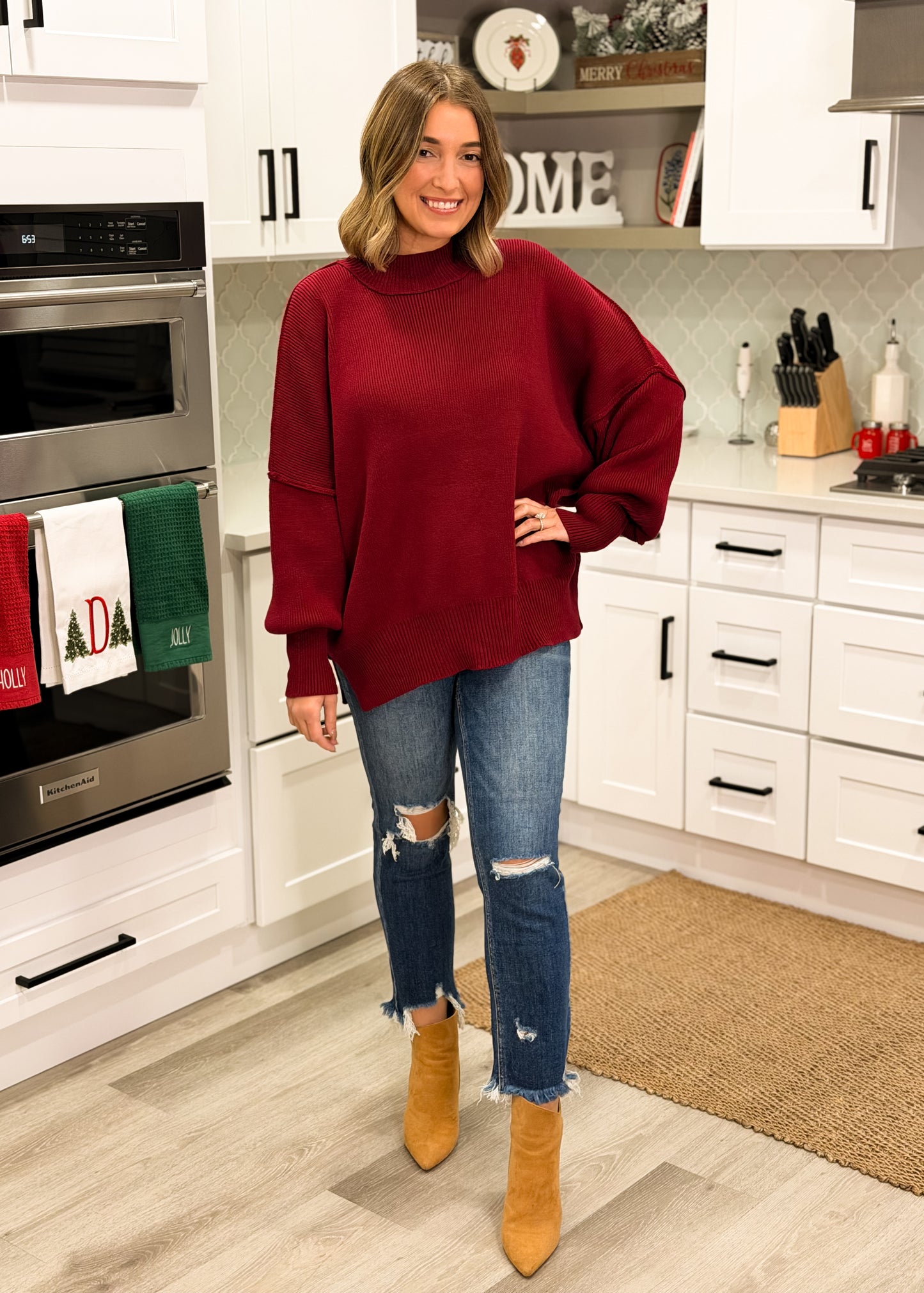 Wine Oversized Mock Neck Sweater