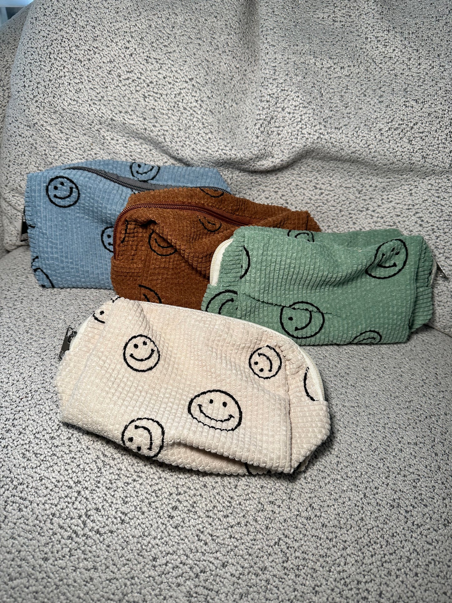 Printed Smiley Face Corduroy Toiletry Bag Pouch