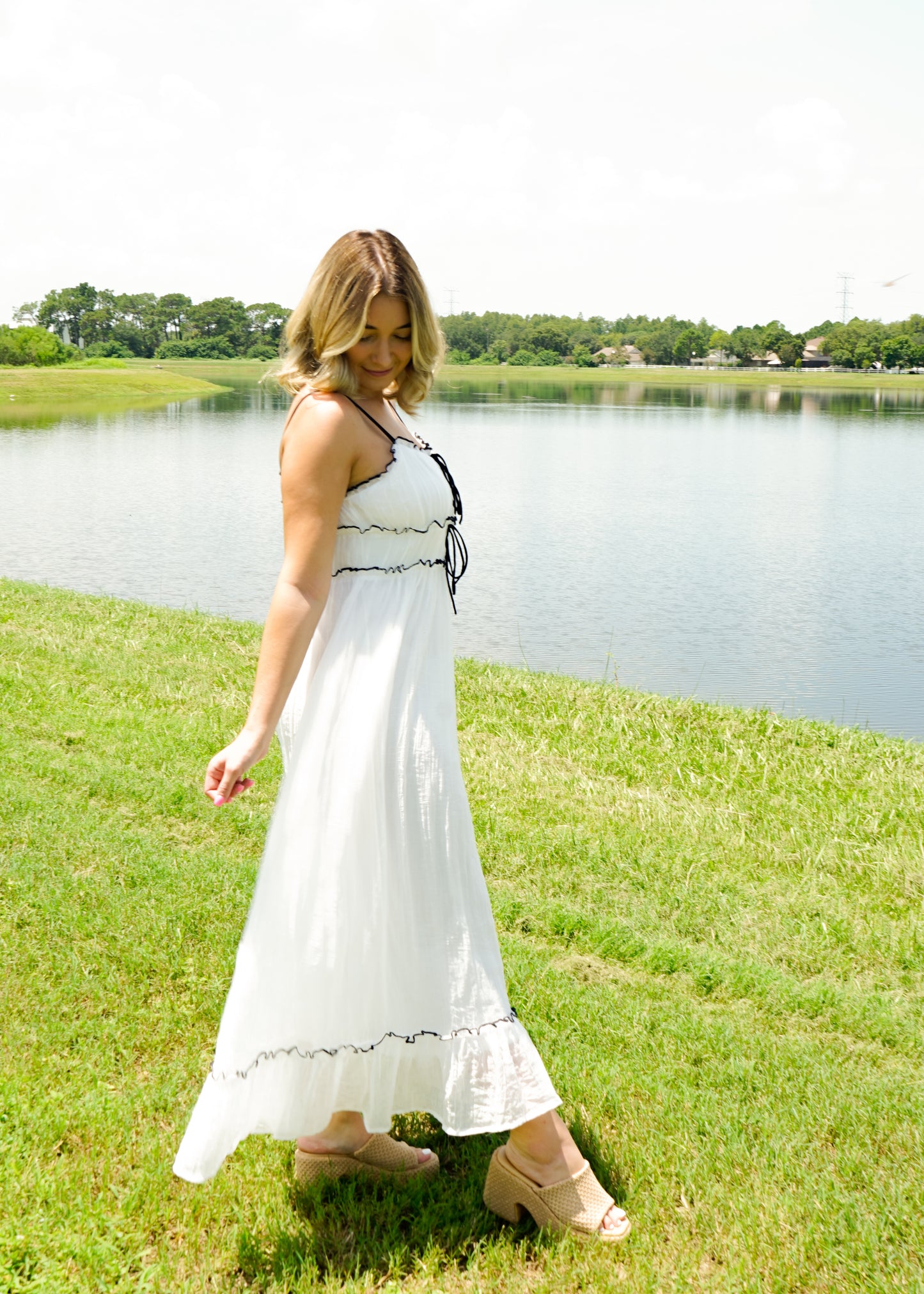 White Flowy Woven Maxi Dress with Black Bow Details