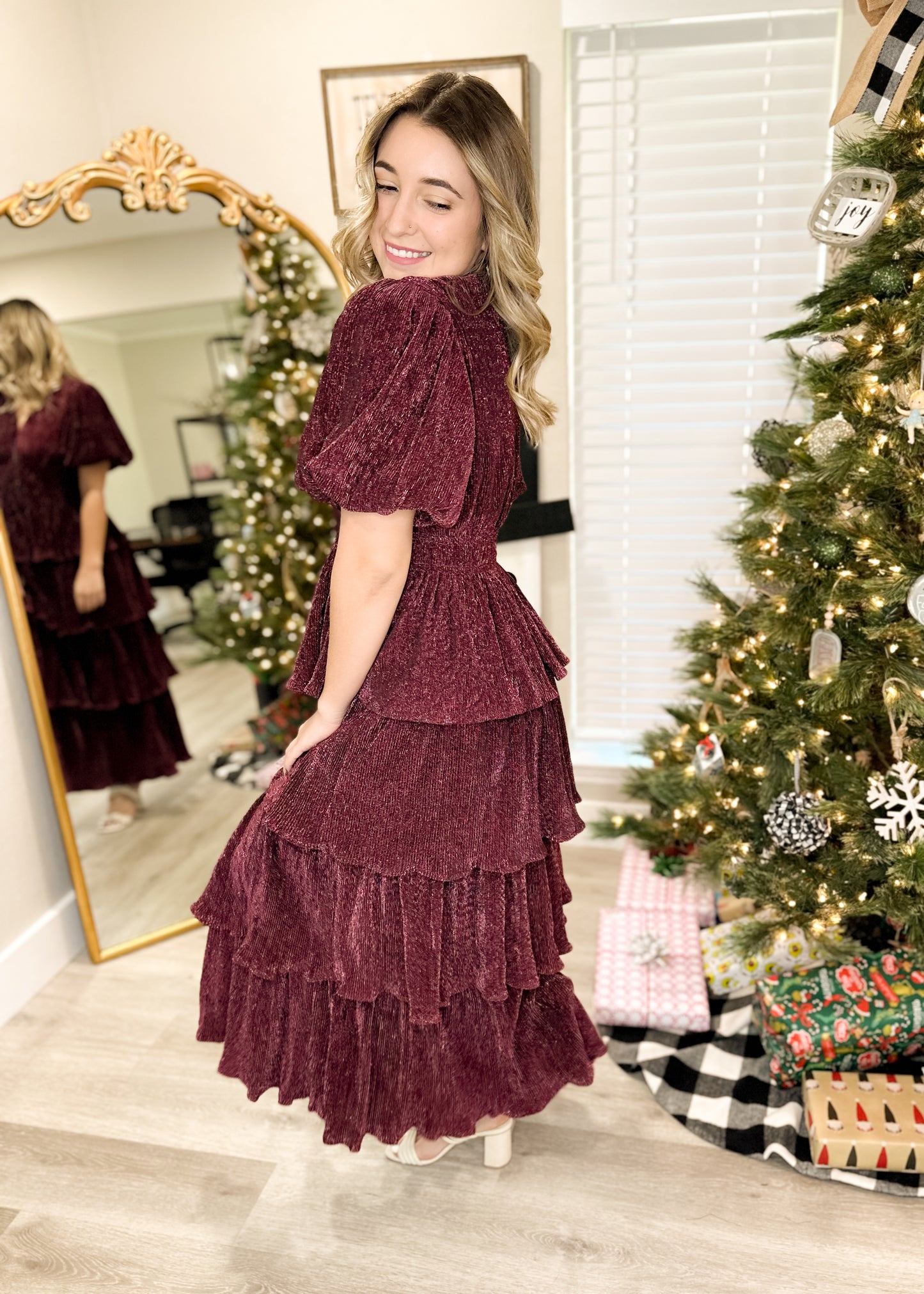 Burgundy Shimmer V-Neck Puff Sleeve Maxi Dress