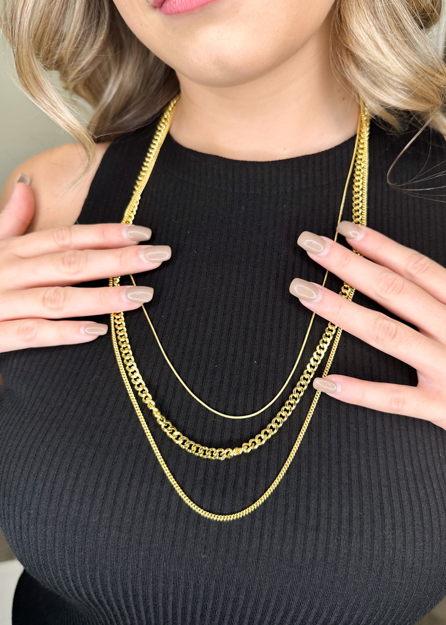 Gold Three Chain Layered Necklace