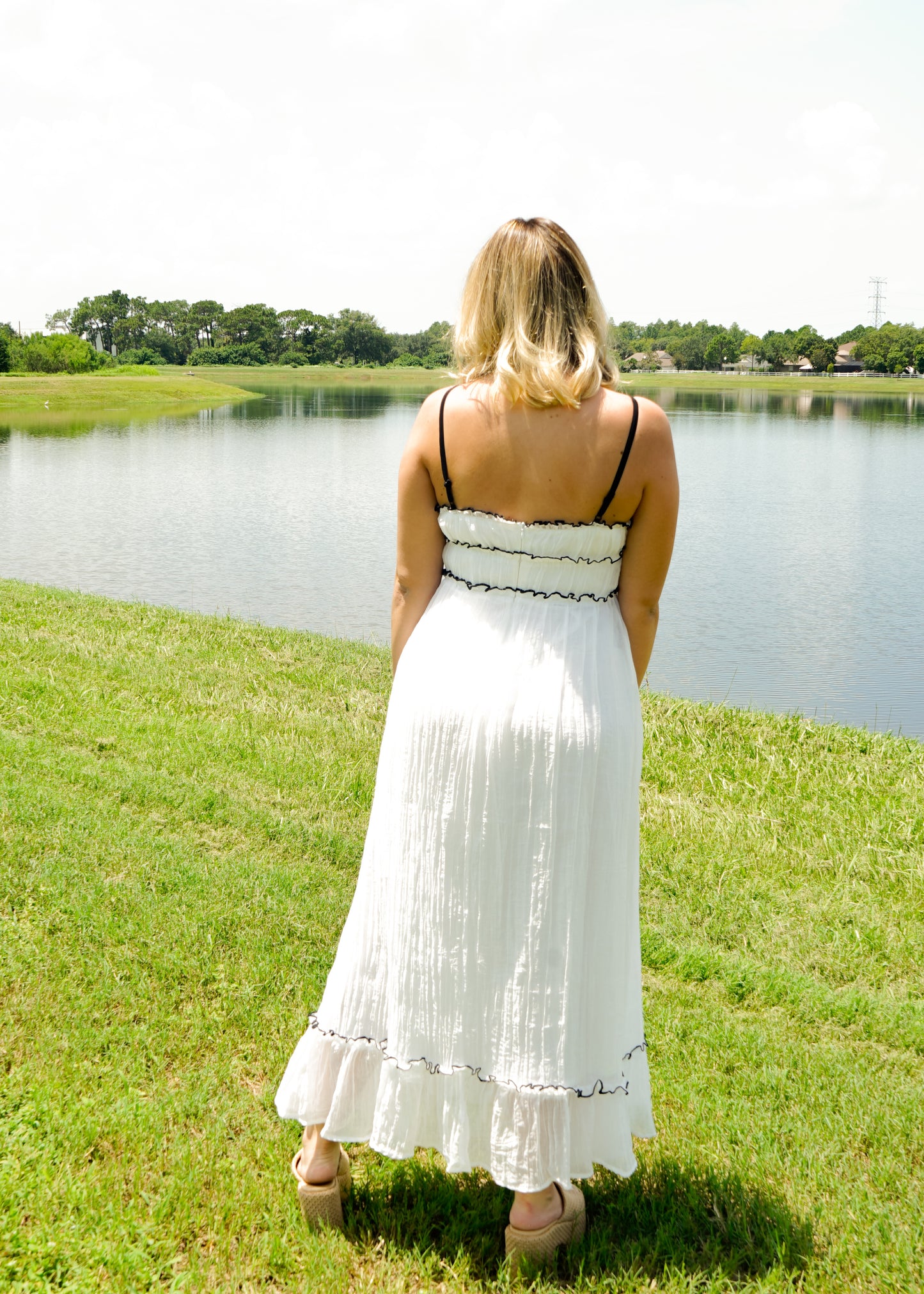 White Flowy Woven Maxi Dress with Black Bow Details