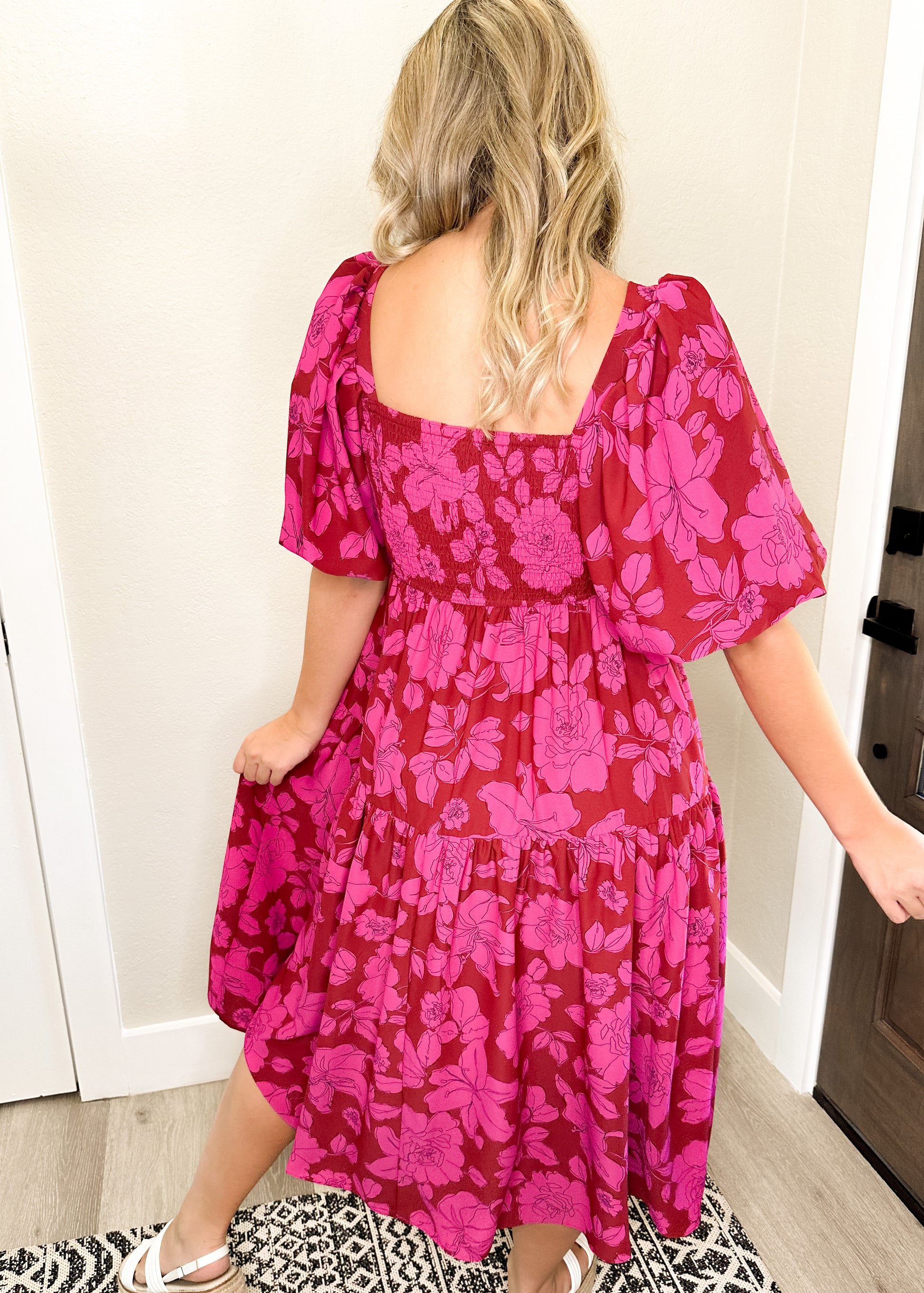 Brick & Pink Floral Print Square Neck Midi Dress
