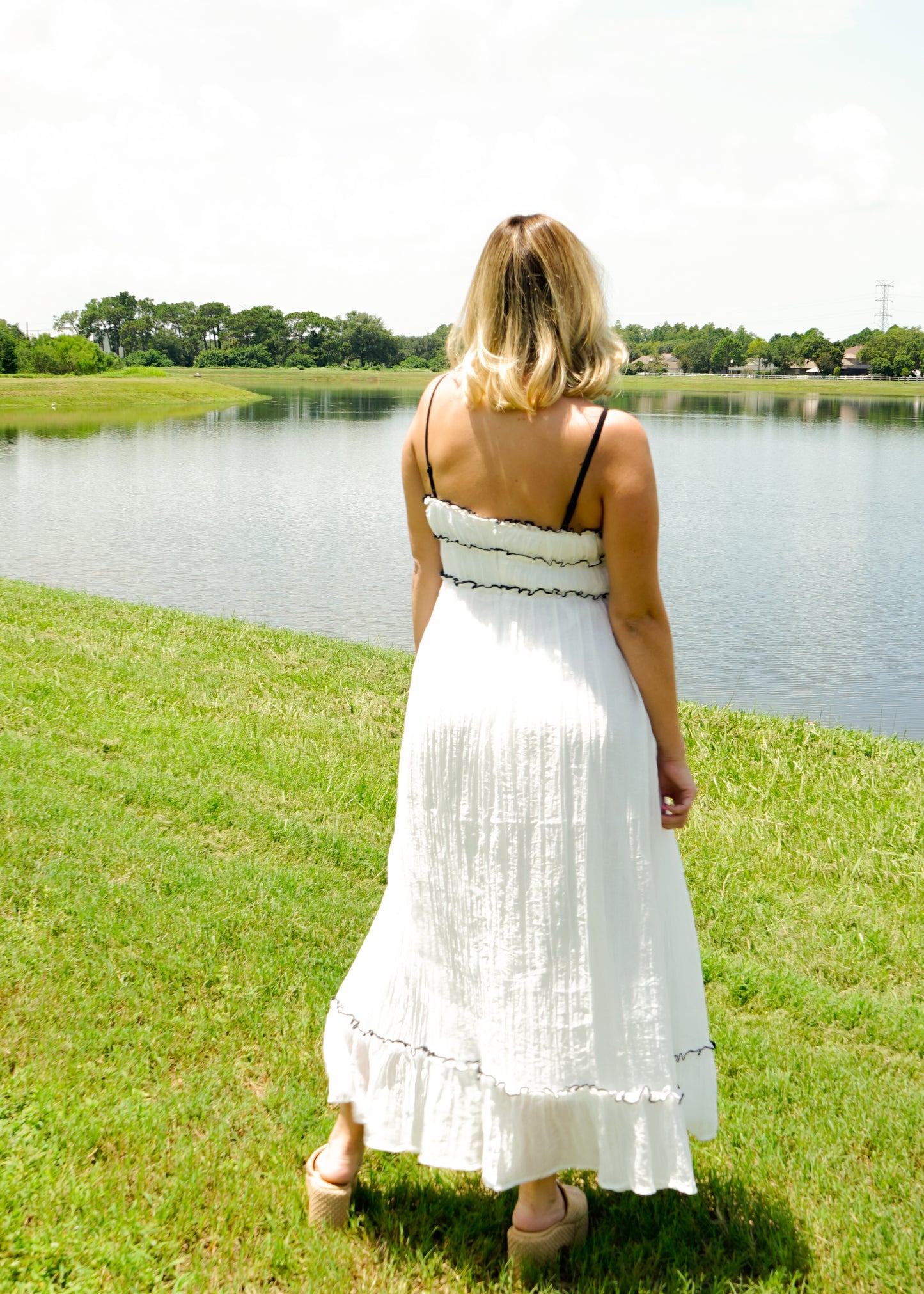 White Flowy Woven Maxi Dress with Black Bow Details