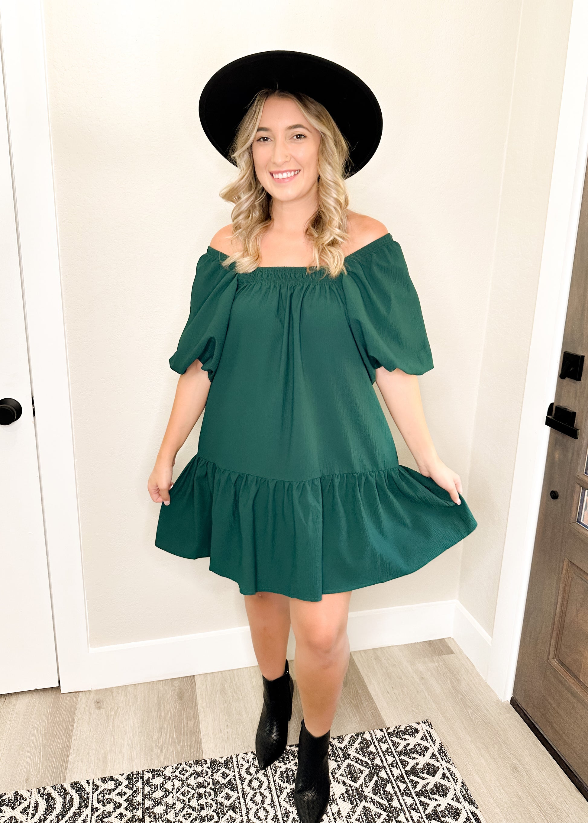 Hunter Green Puff Sleeve Square Neckline Dress