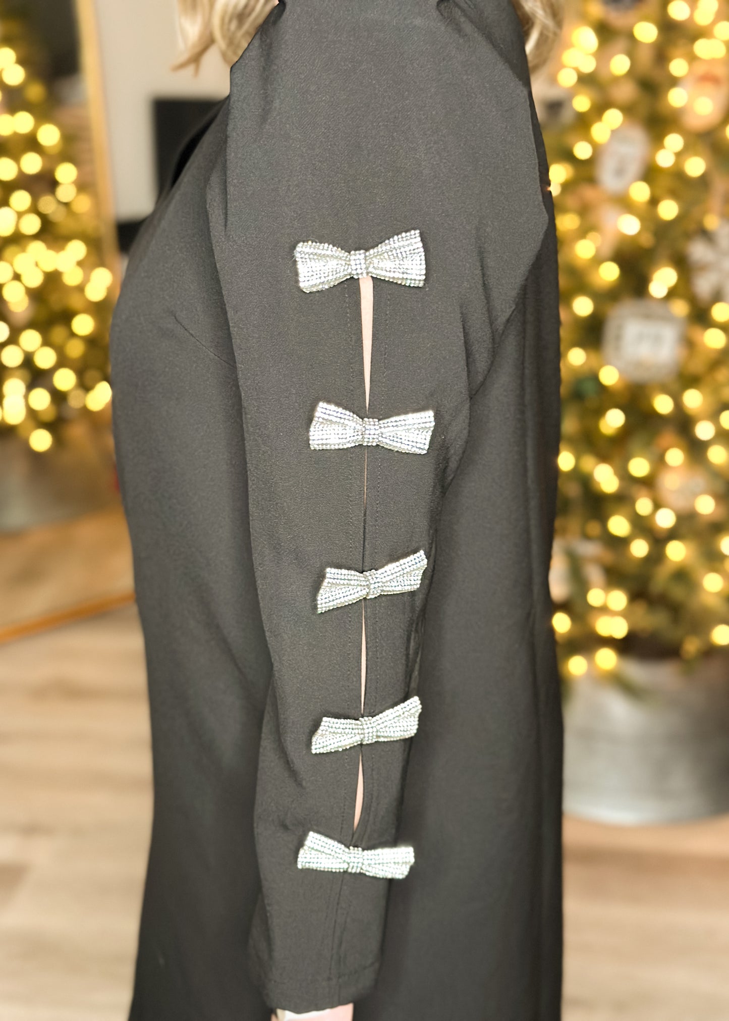 Black Long Sleeve Sequin Bow Dress