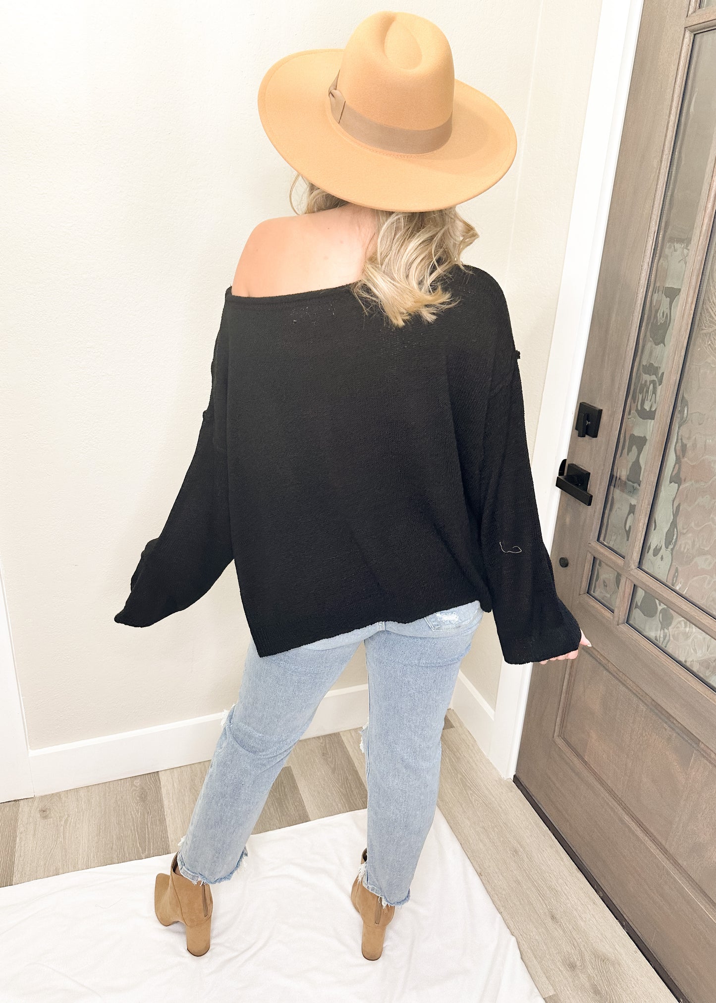Black Wide Neck Pullover Knit Sweater