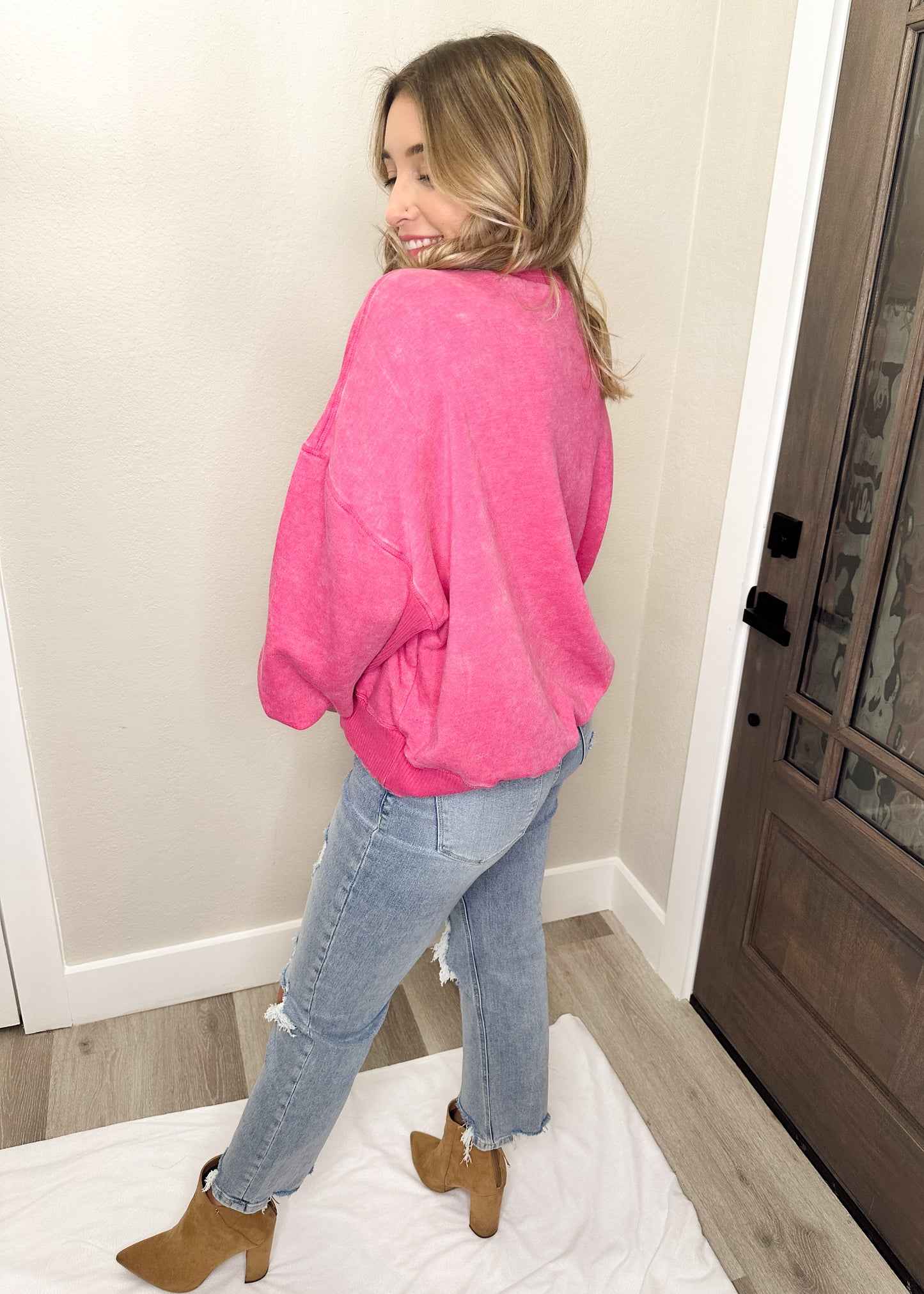 Hot Pink Acid Wash Fleece Oversized Pullover