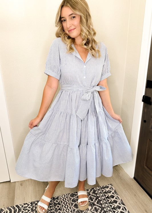 Blue & White Striped Midi Dress with Waist Tie