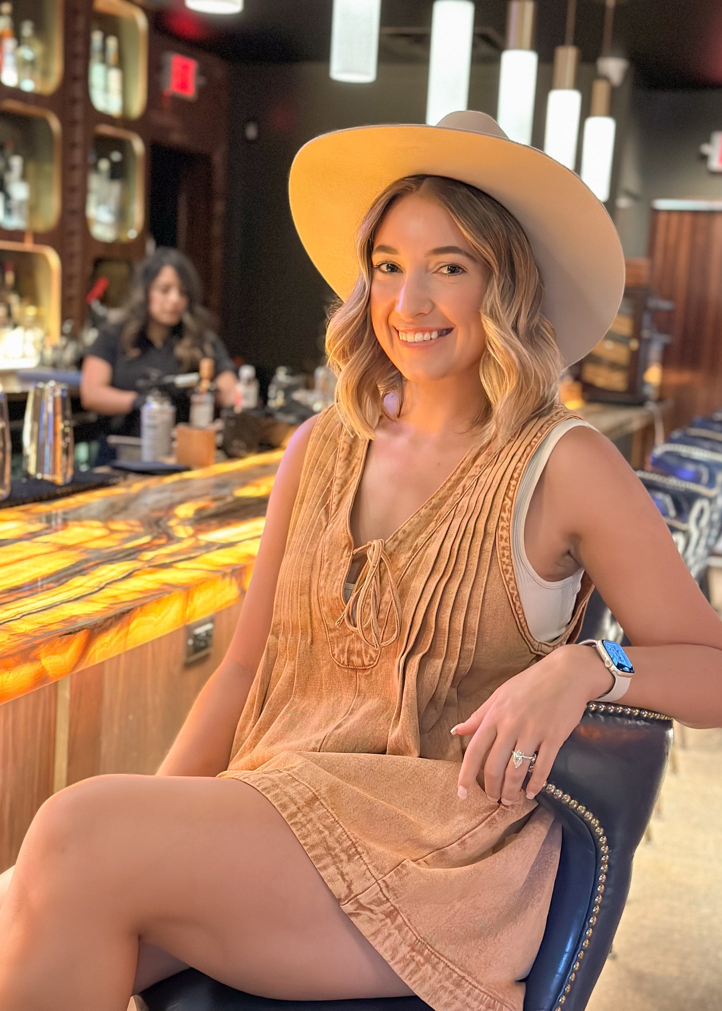 Rust Sleeveless Pleated Denim Romper