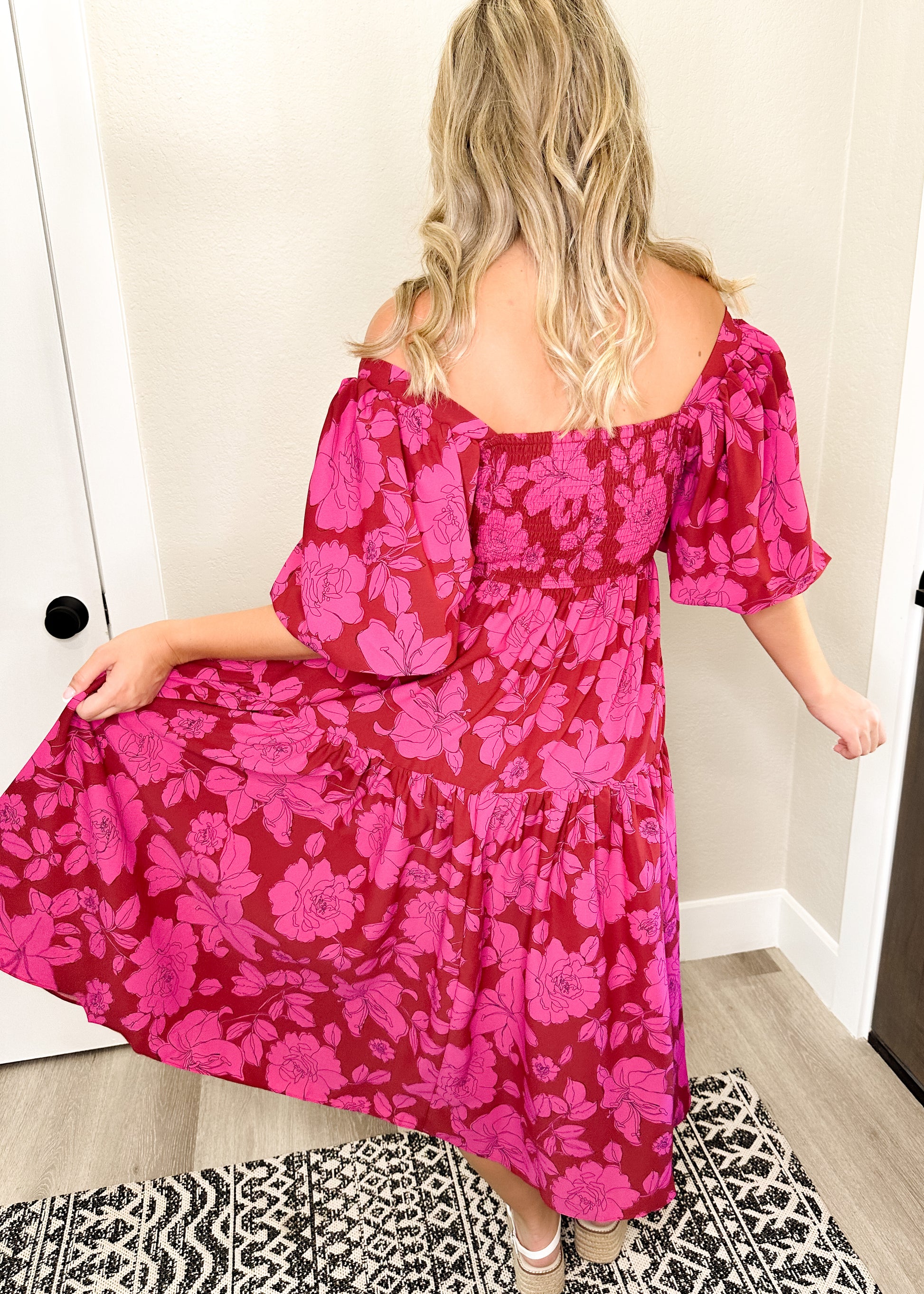 Brick & Pink Floral Print Square Neck Midi Dress