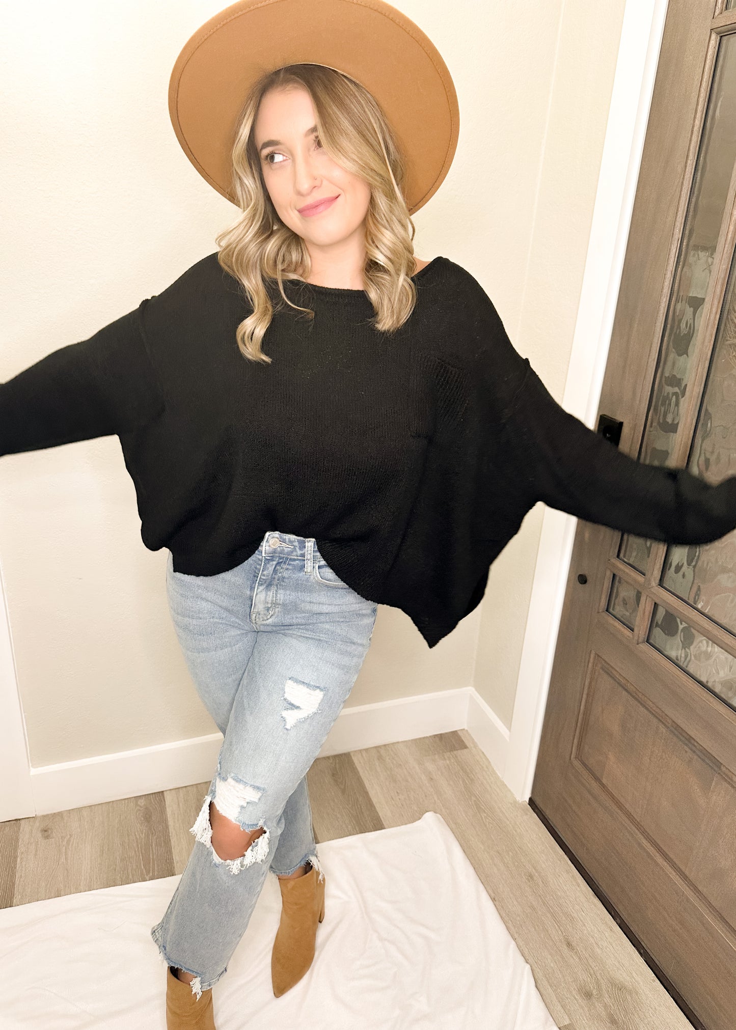 Black Wide Neck Pullover Knit Sweater