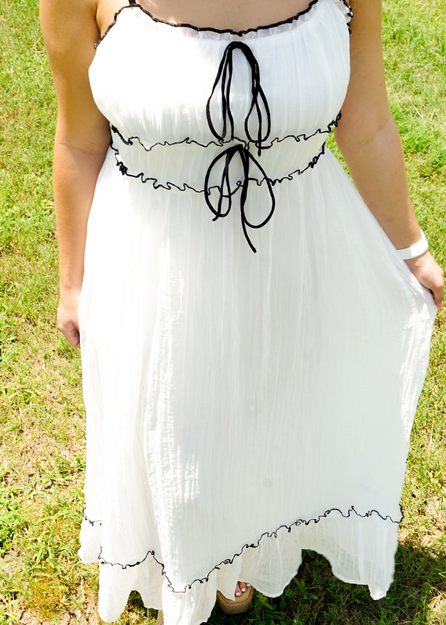 White Flowy Woven Maxi Dress with Black Bow Details