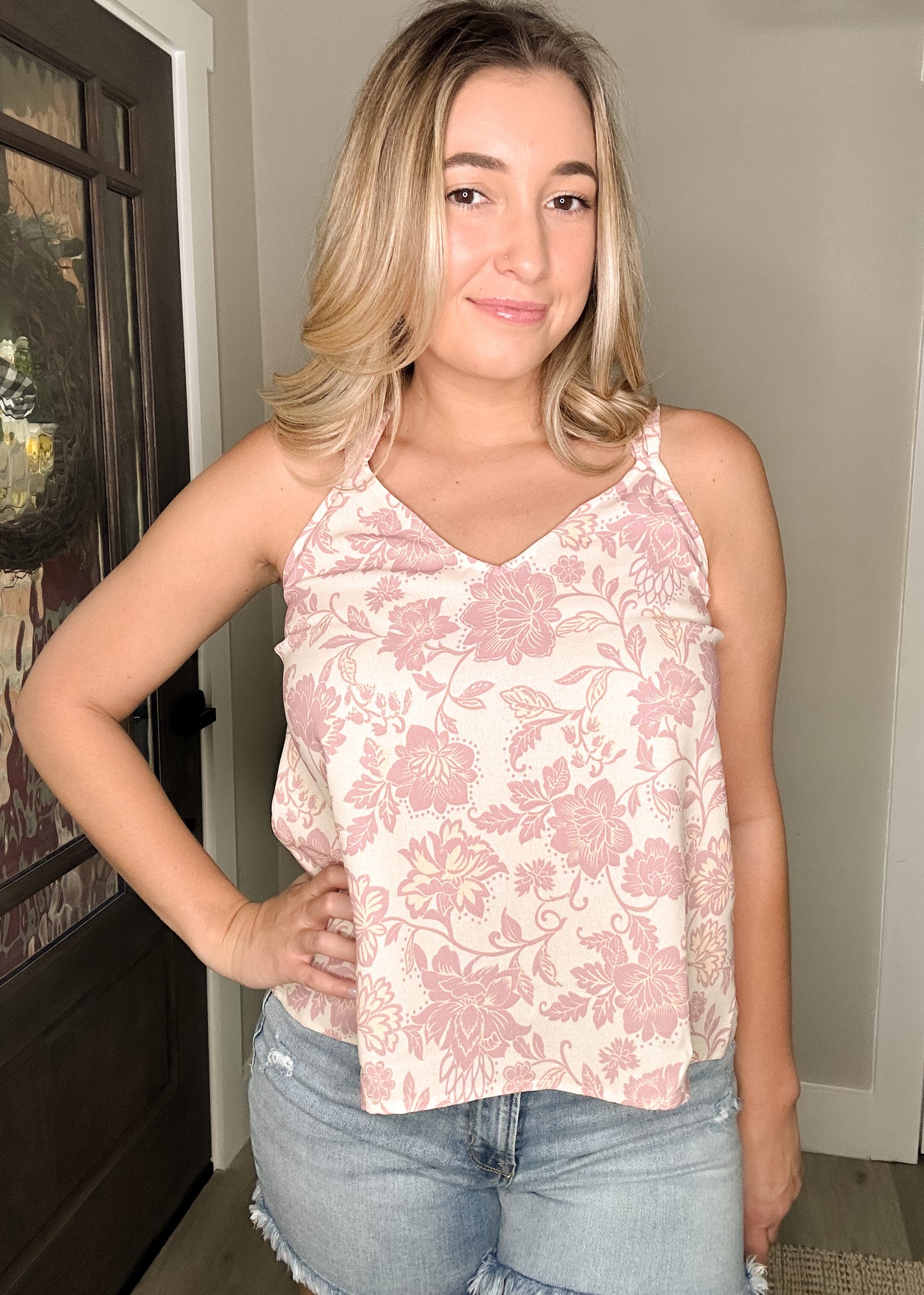 Cream & Pink Floral Back Cross Strap Tank Top