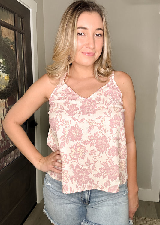 Cream & Pink Floral Back Cross Strap Tank Top