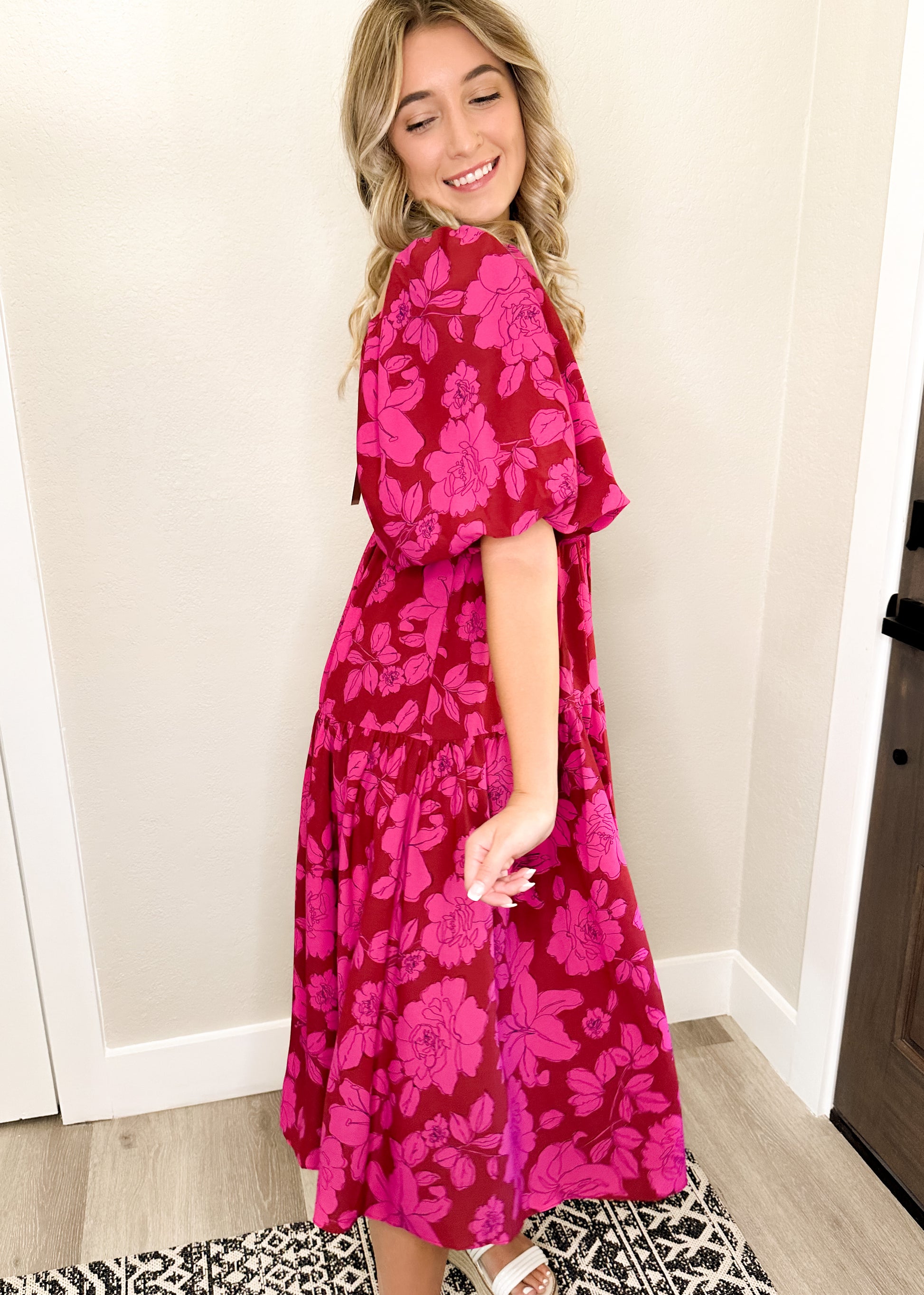 Brick & Pink Floral Print Square Neck Midi Dress