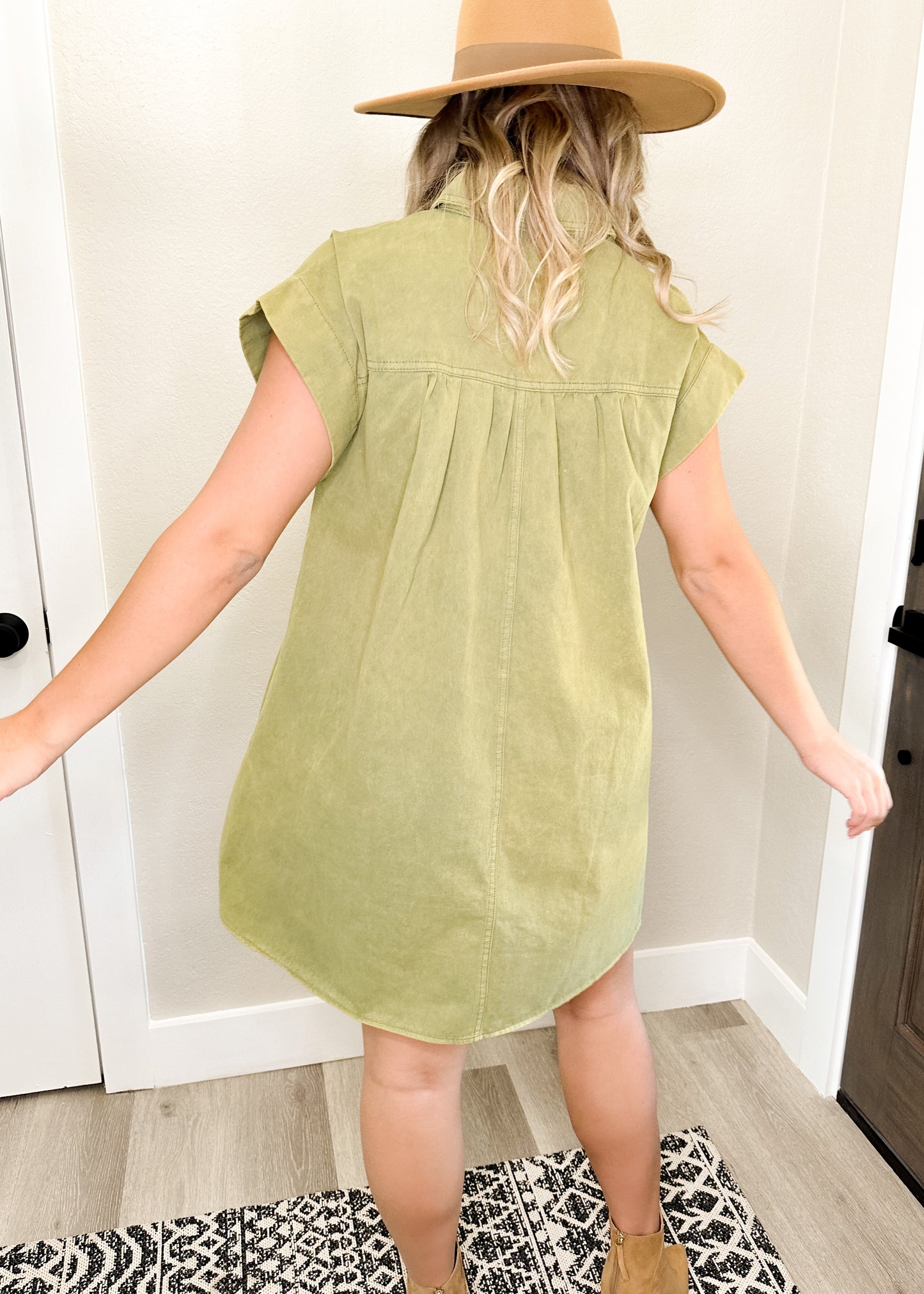 Olive Acid Wash Denim Short Sleeve Dress