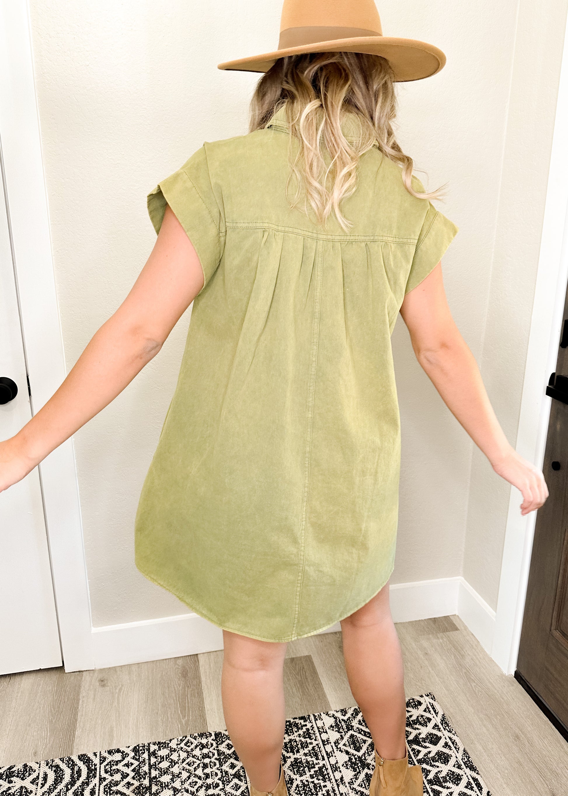 Olive Acid Wash Denim Short Sleeve Dress