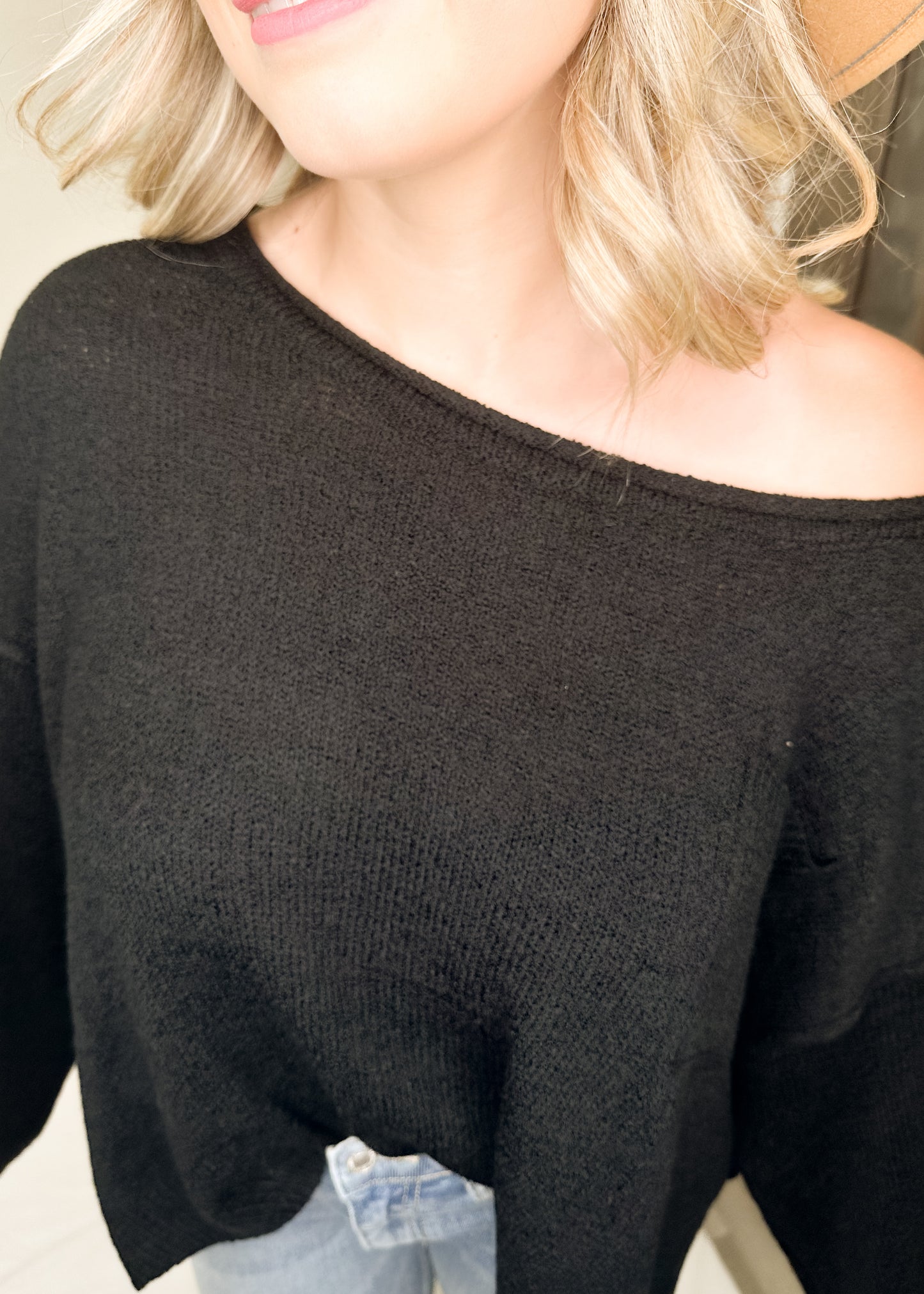 Black Wide Neck Pullover Knit Sweater