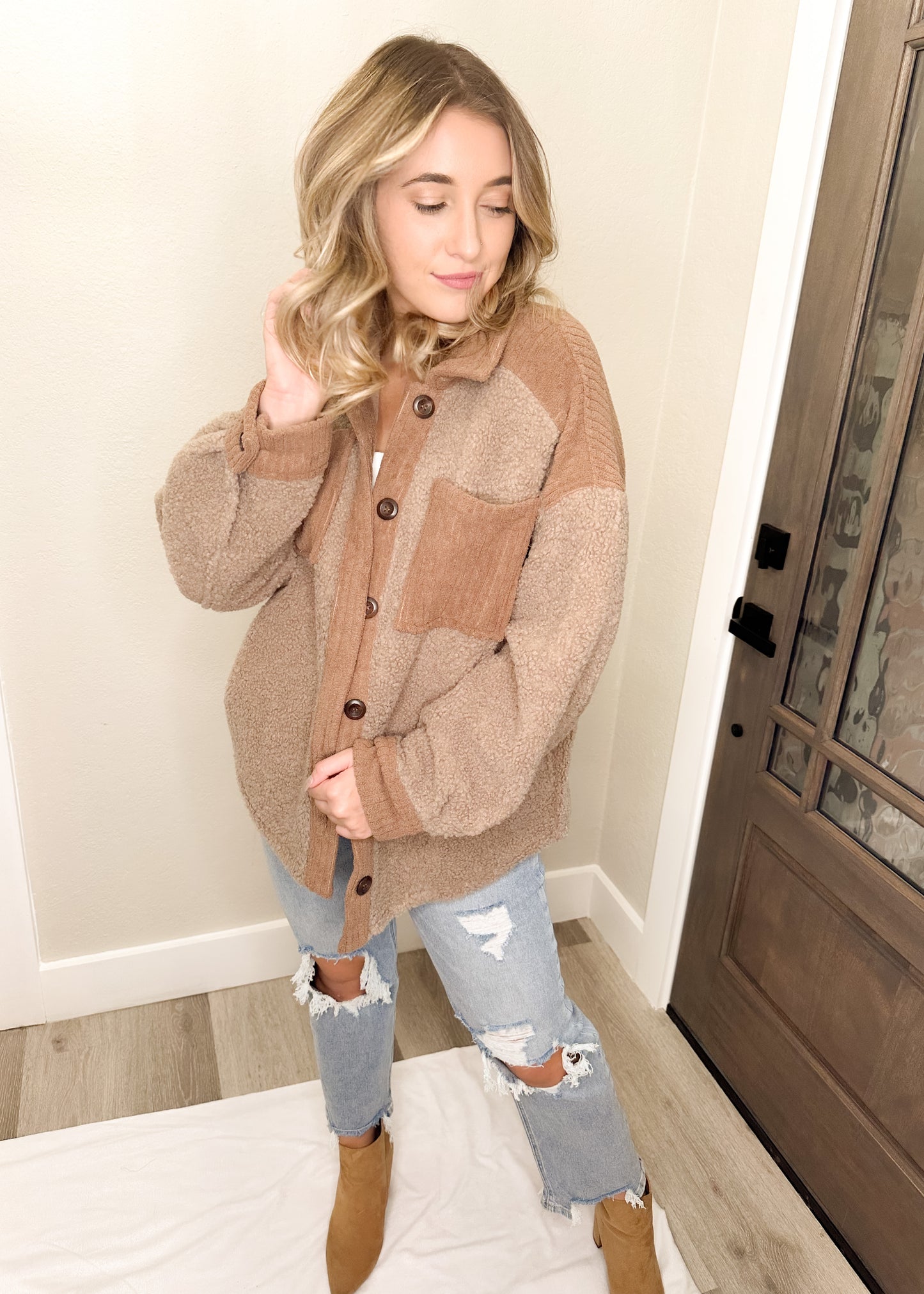 Chocolate Cord Trim Teddy Shacket