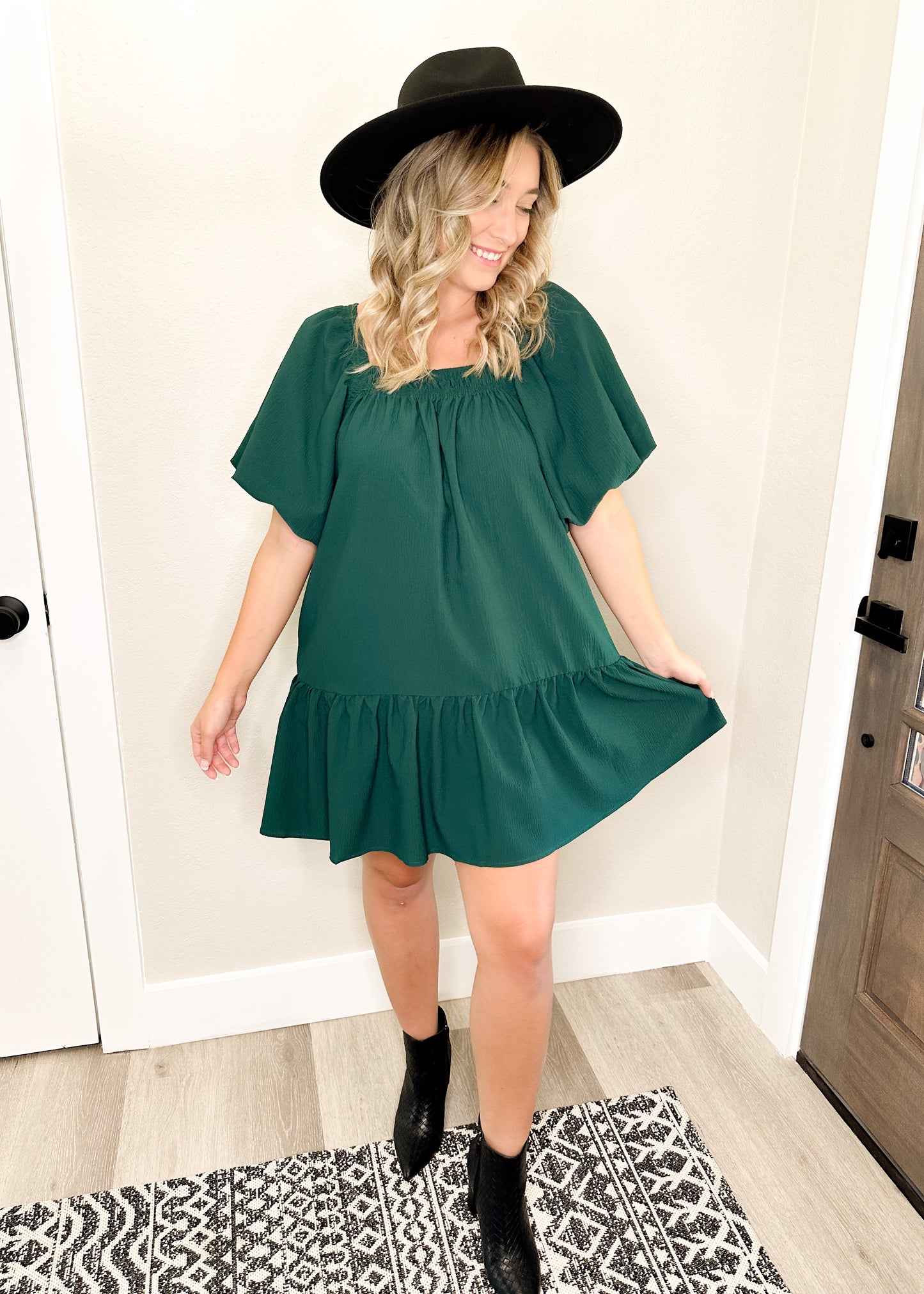 Hunter Green Puff Sleeve Square Neckline Dress